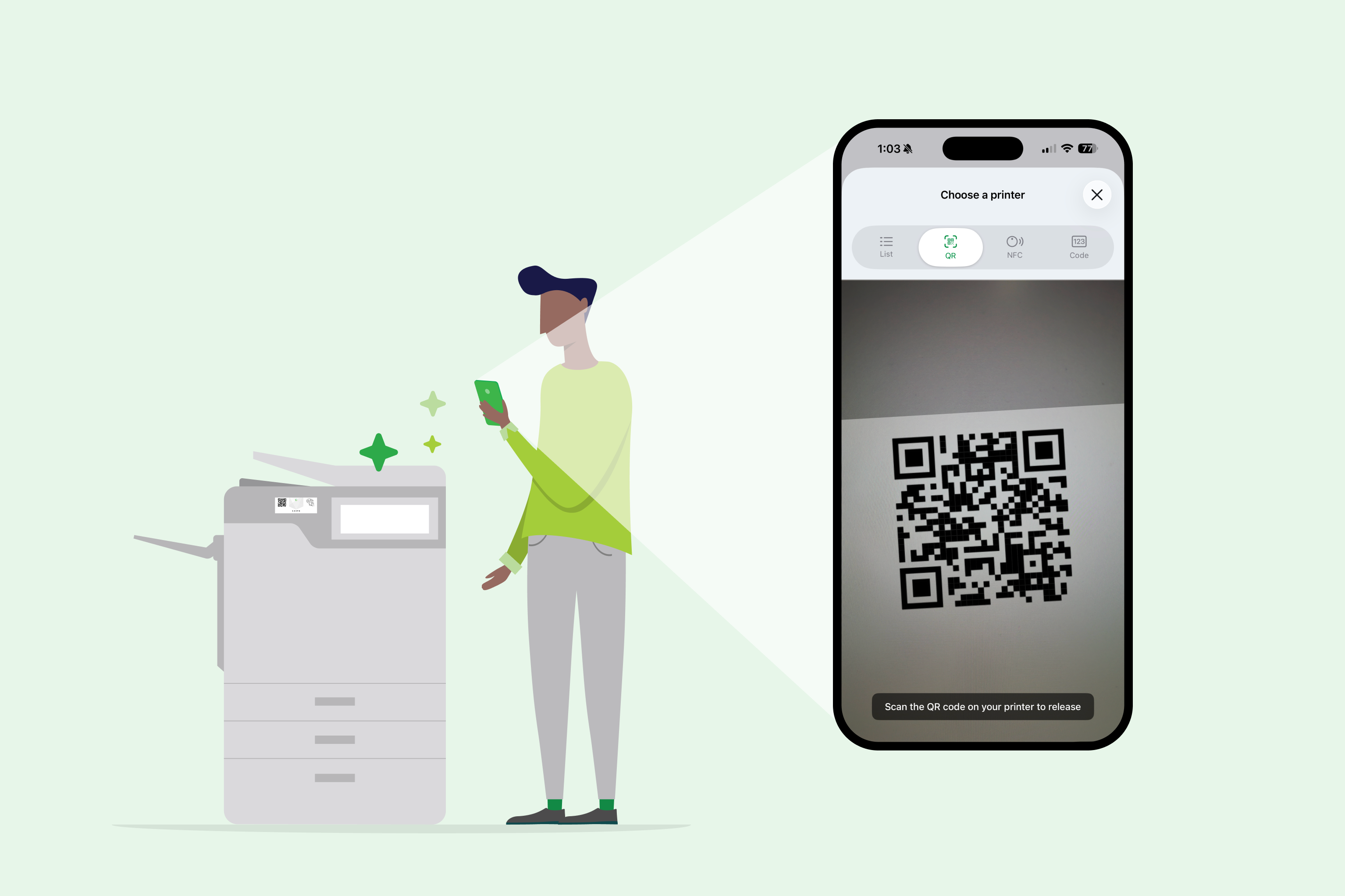 A visitor releasing a print job via the PaperCut Hive mobile interface after scanning a QR code