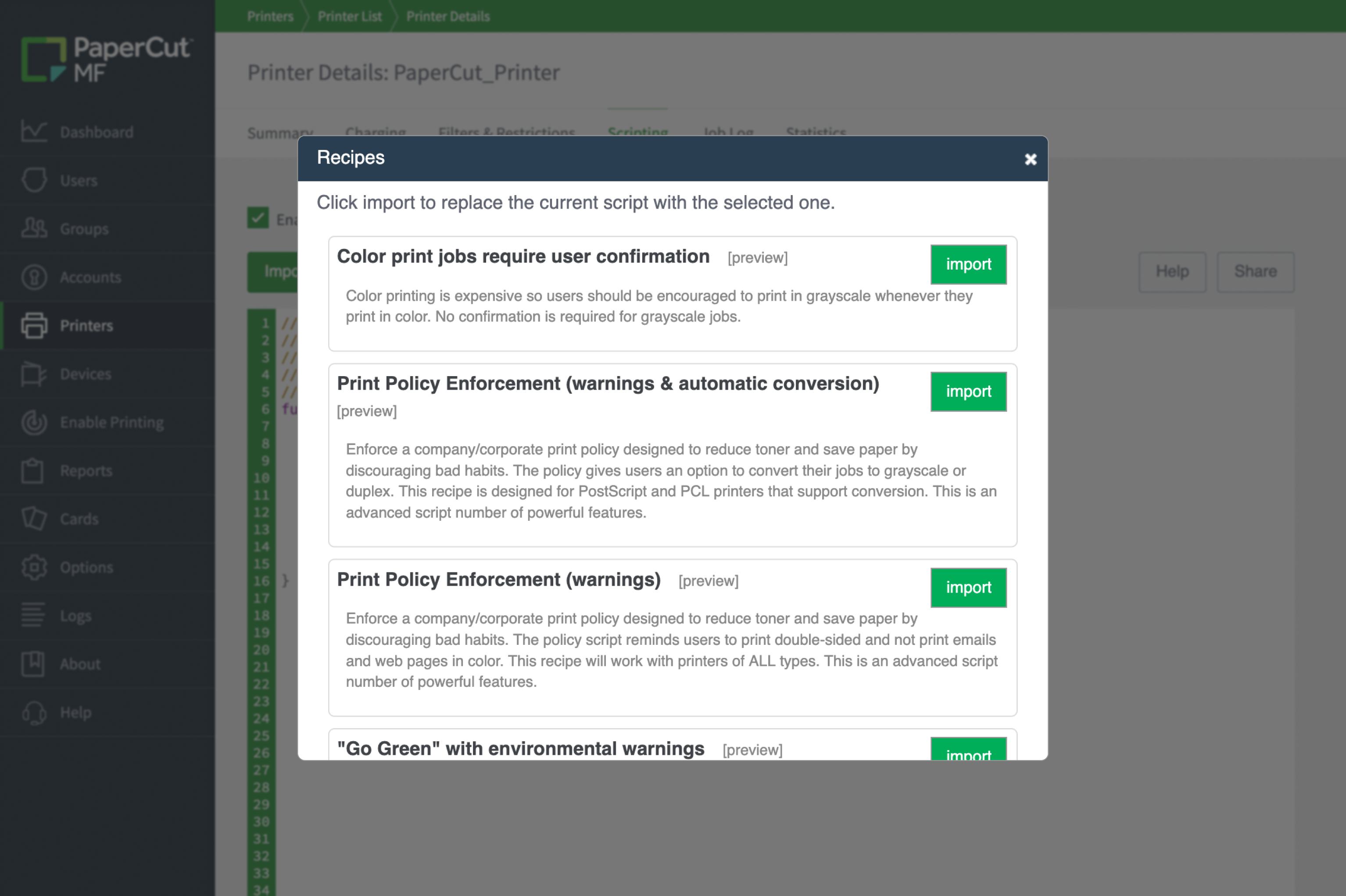 he PaperCut MF script recipe library window showing a list of pre-defined automation templates.