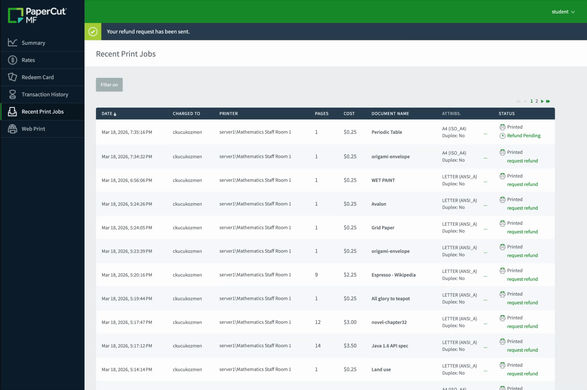 The refund request workflow where a user can select a failed job and provide a reason for a credit return.