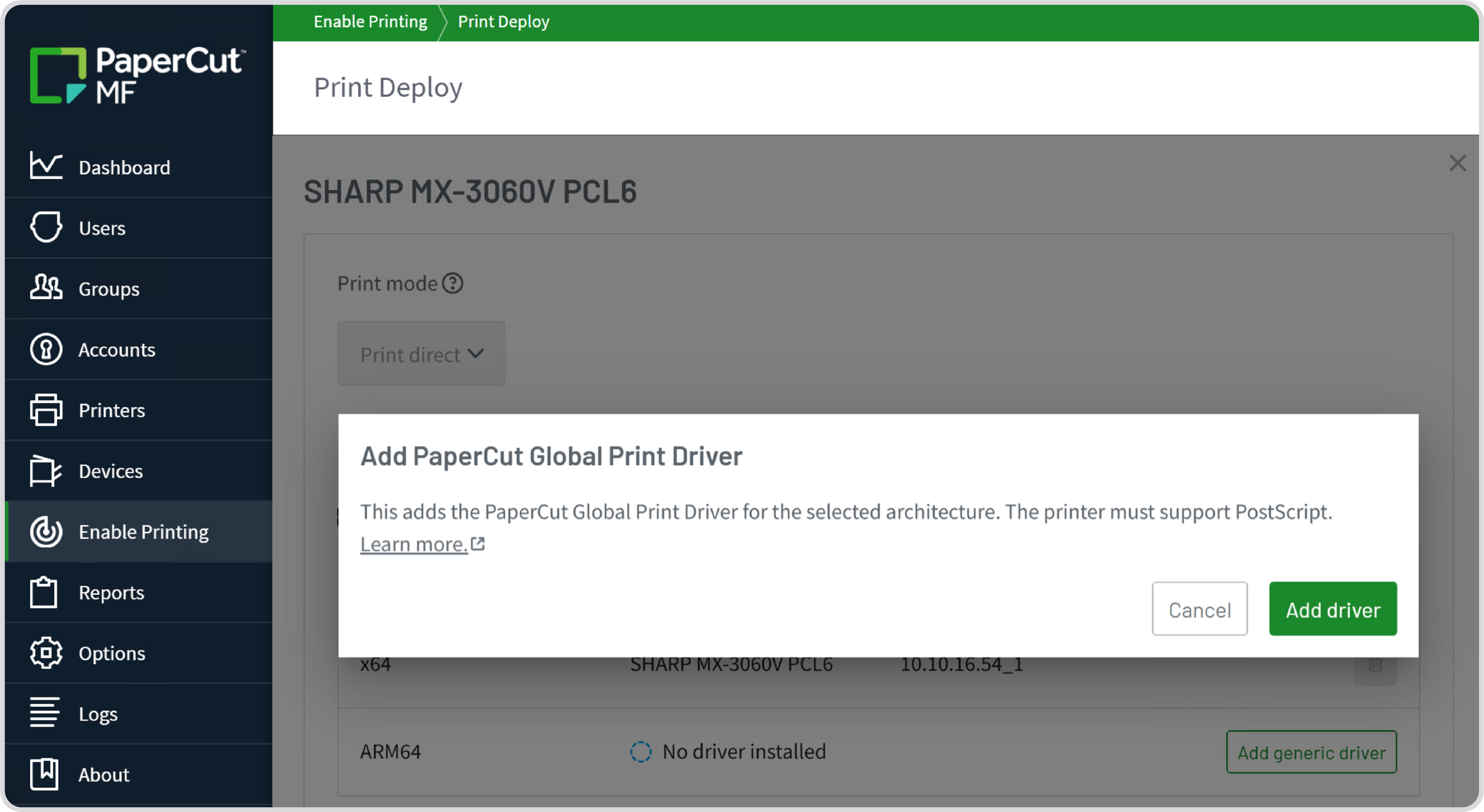 The PaperCut MF admin console showing how easy it is to add the PaperCut Global Driver for ARM64 devices