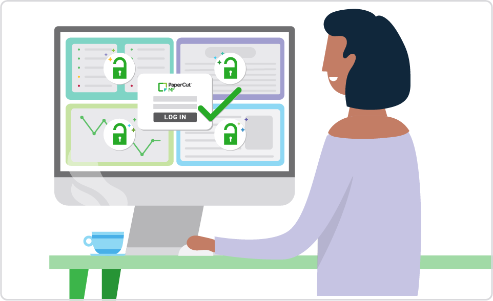 An illustration of a person logging into PaperCut and being authenticated across all PaperCut interfaces