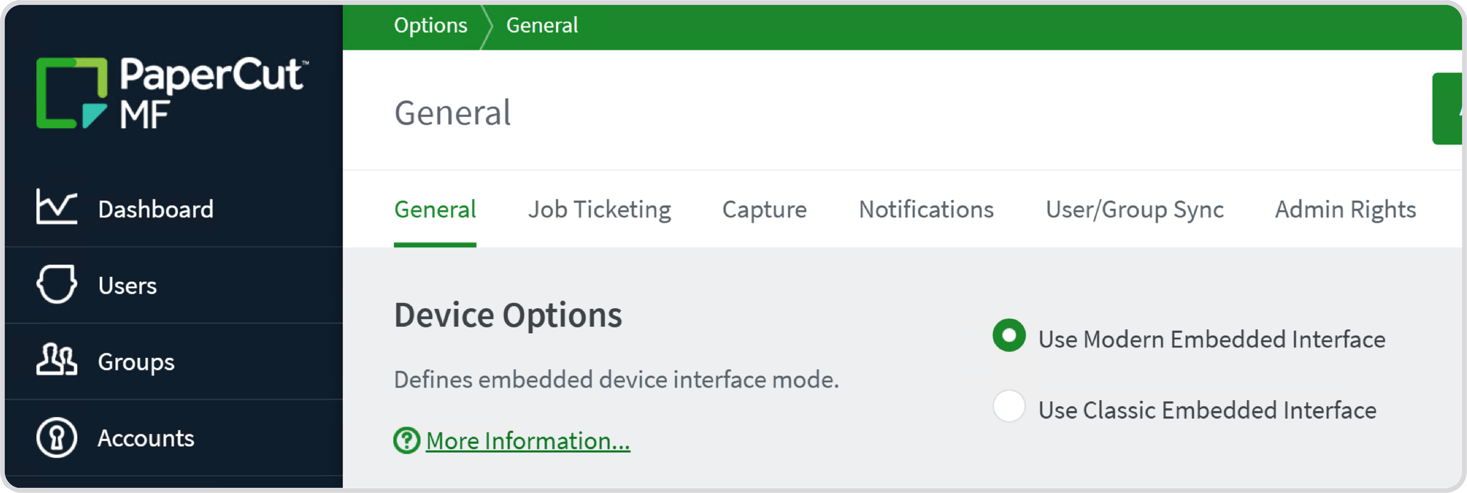 The PaperCut MF admin console showing the configuration option for the classic vs modern embedded interface mode