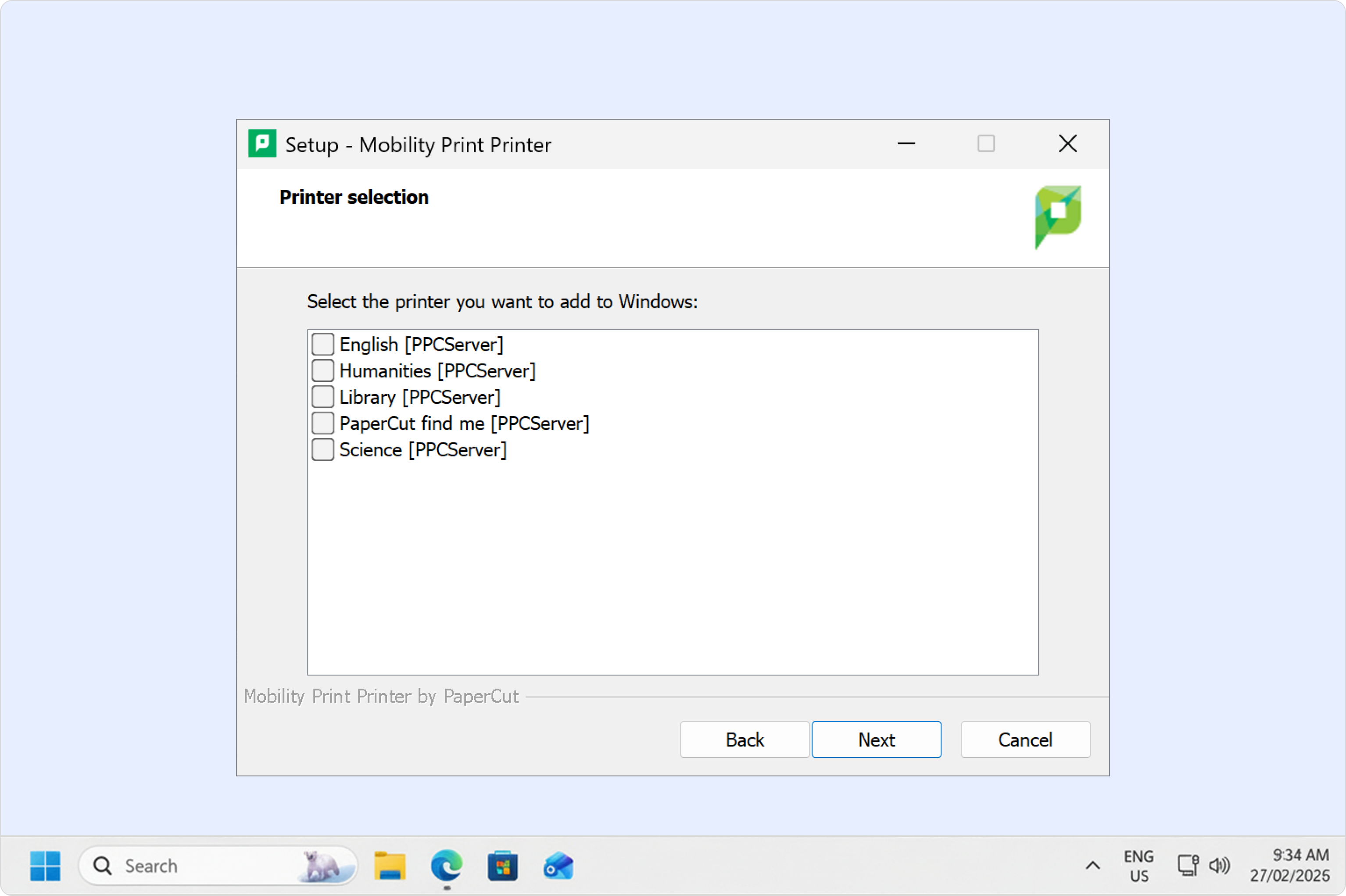 Mobility Print interface on a laptop displaying available printers