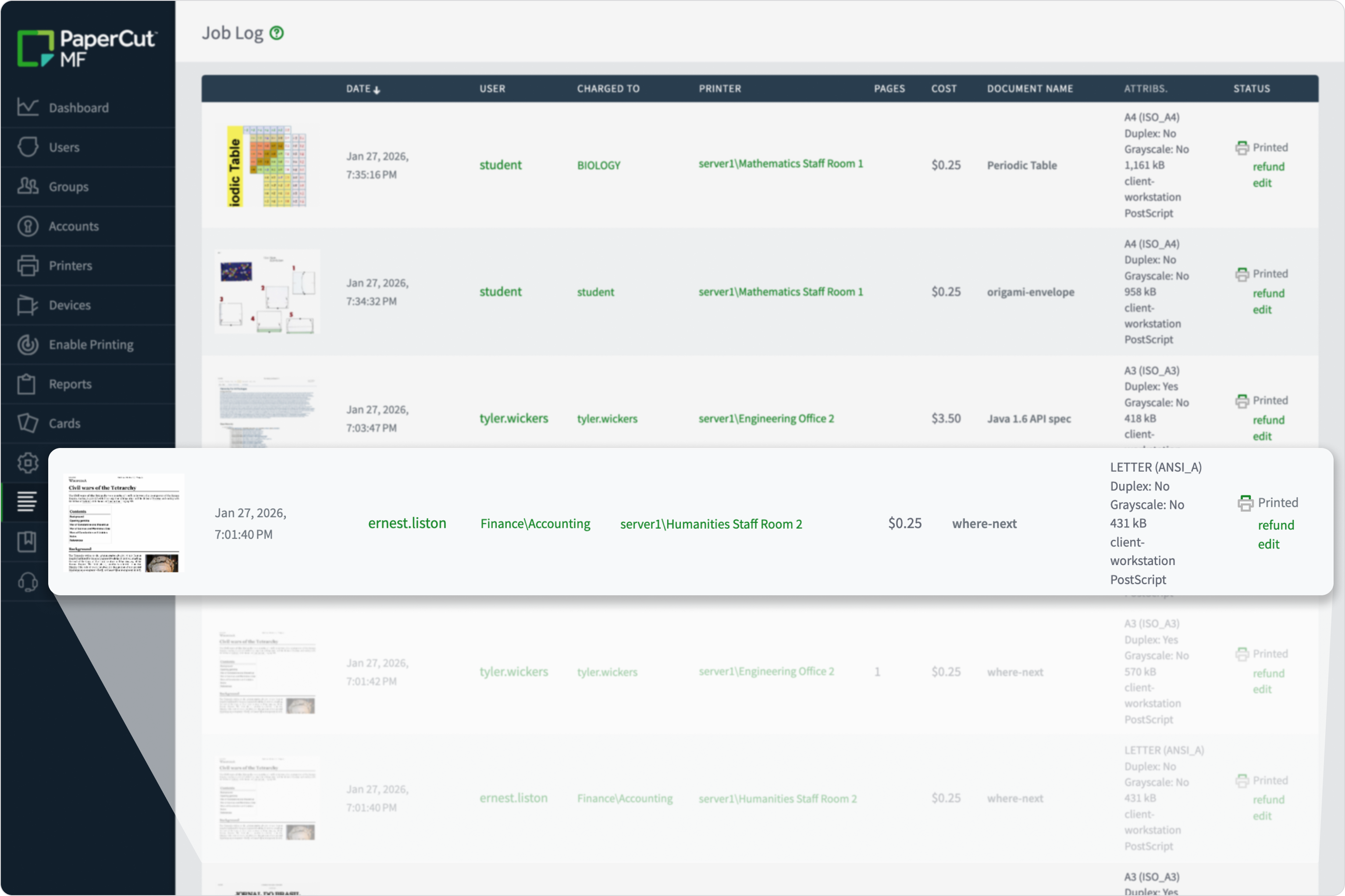 Job log, highlighting a job where the user chared to a shared account