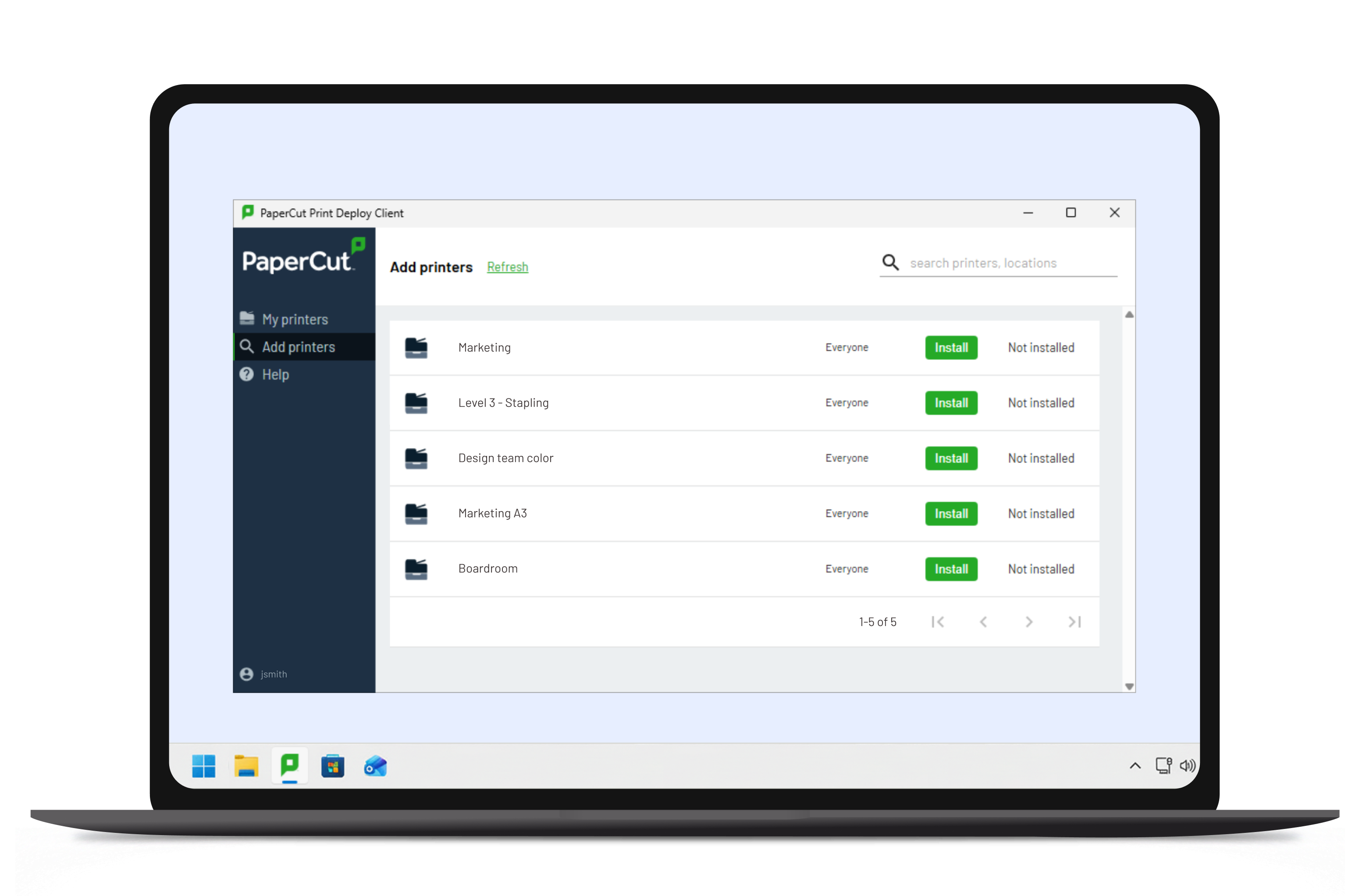 The Print Deploy client on a Windows laptop listing optional printers users can install with one click, including Level 3 – Stapling, Design team color and Boardroom.