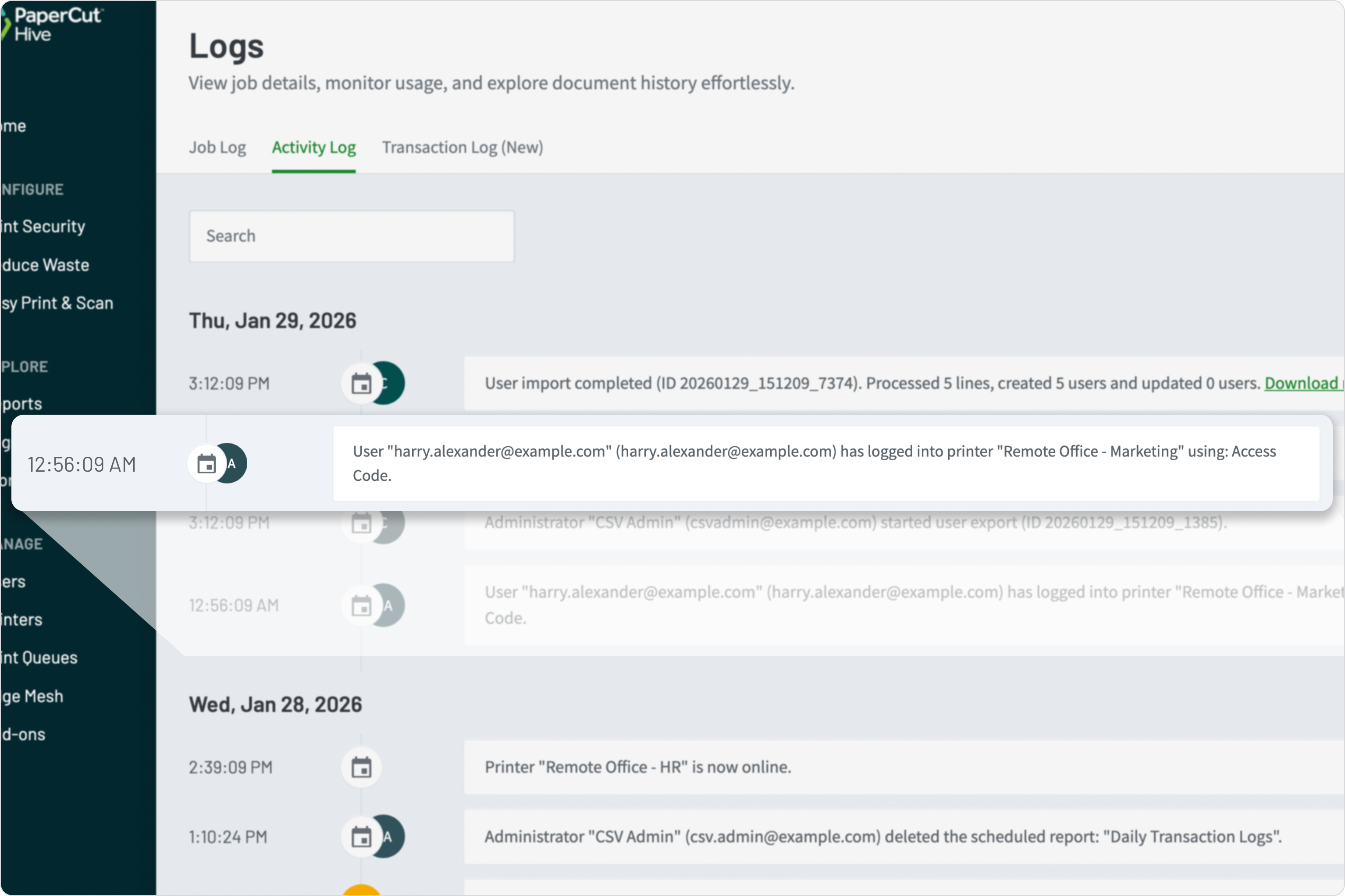 Highlighted activity log entry, showing printer usage at 1 am.