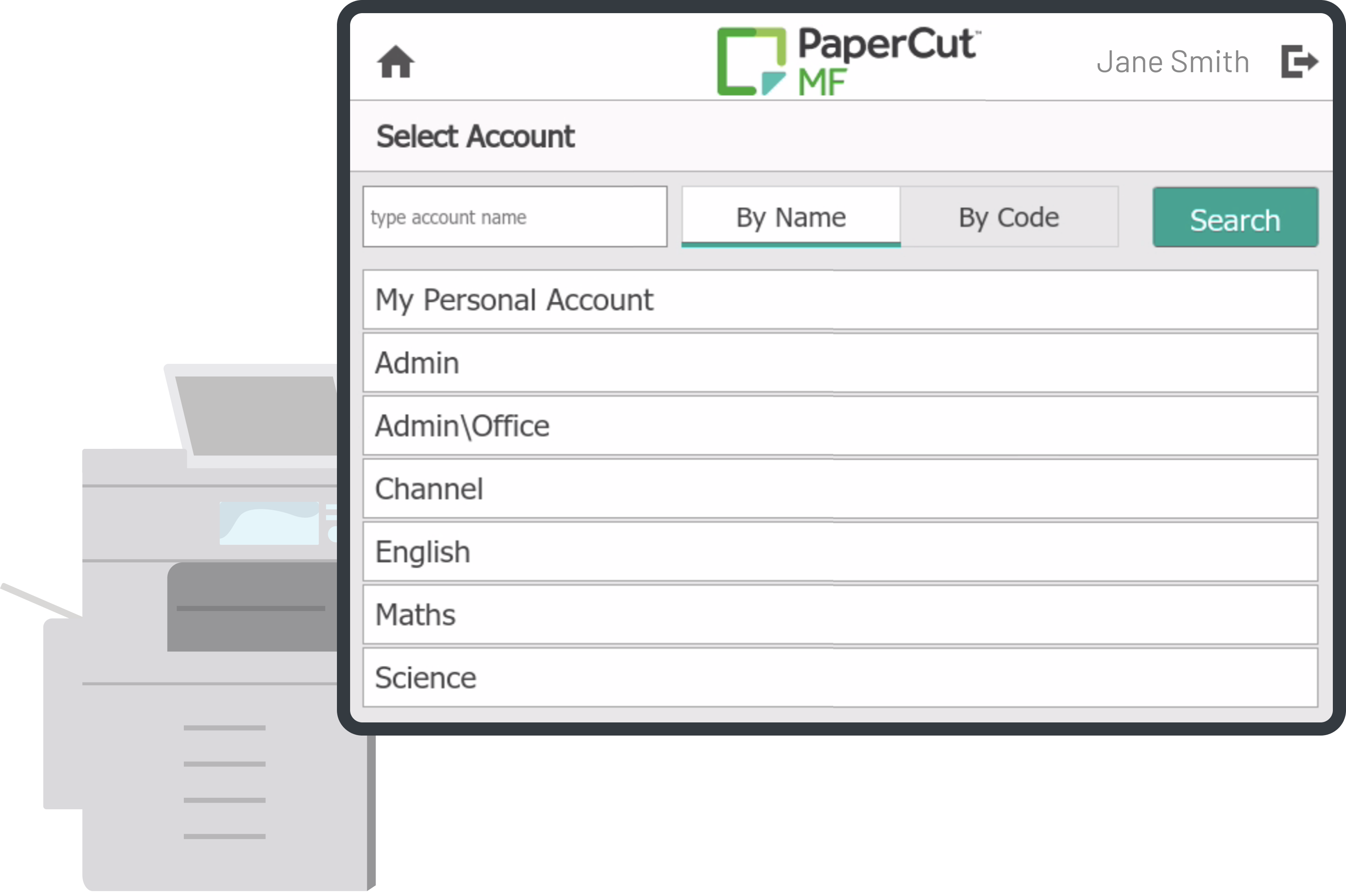 Shared account selection happening on the printer touch screen at the time of print release.