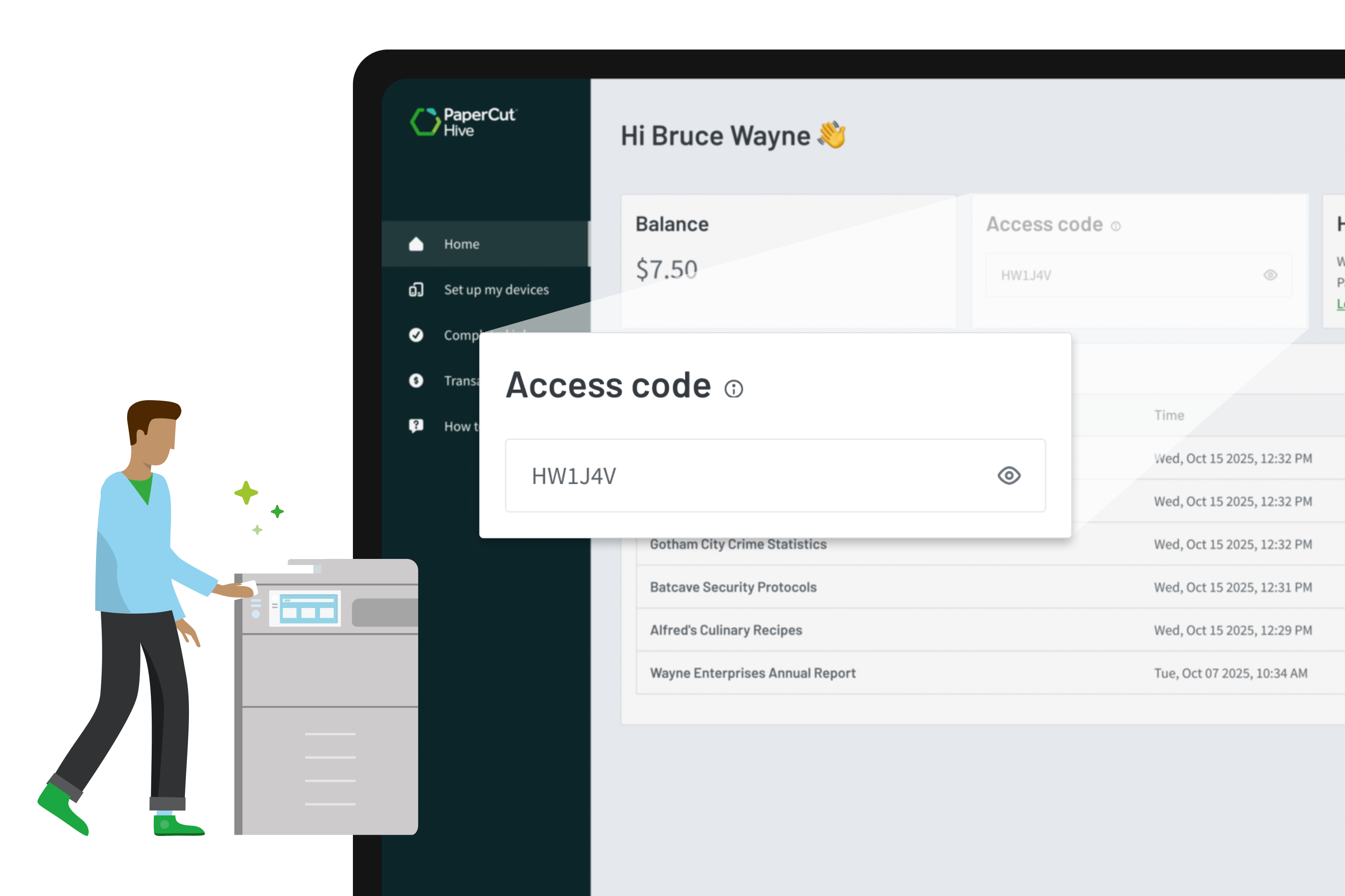 The access code section in the PaperCut Hive User Portal showing a user’s access code.