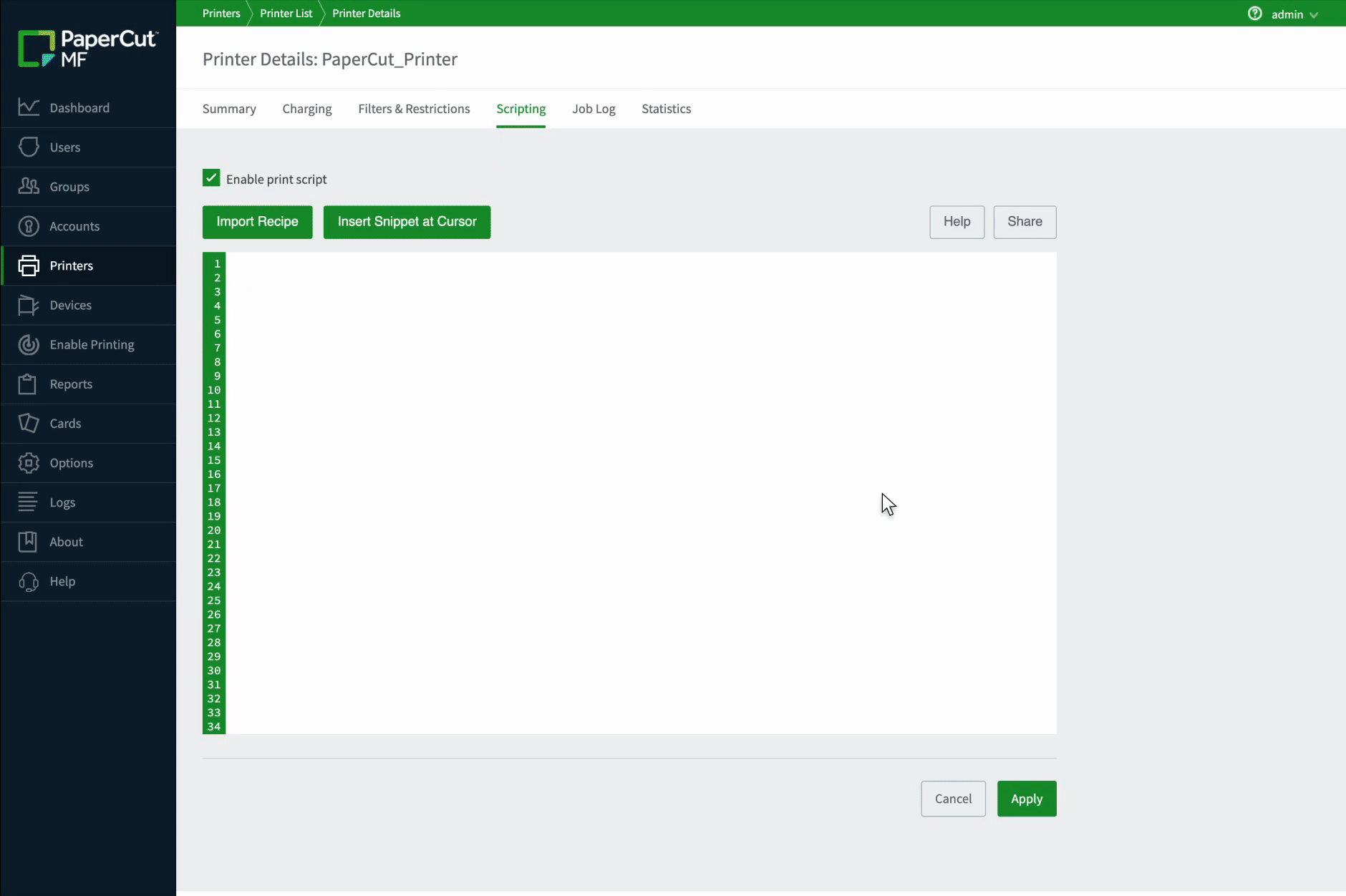 The PaperCut MF script editor interface highlighting the popup menu where modular code snippets are inserted into an active script