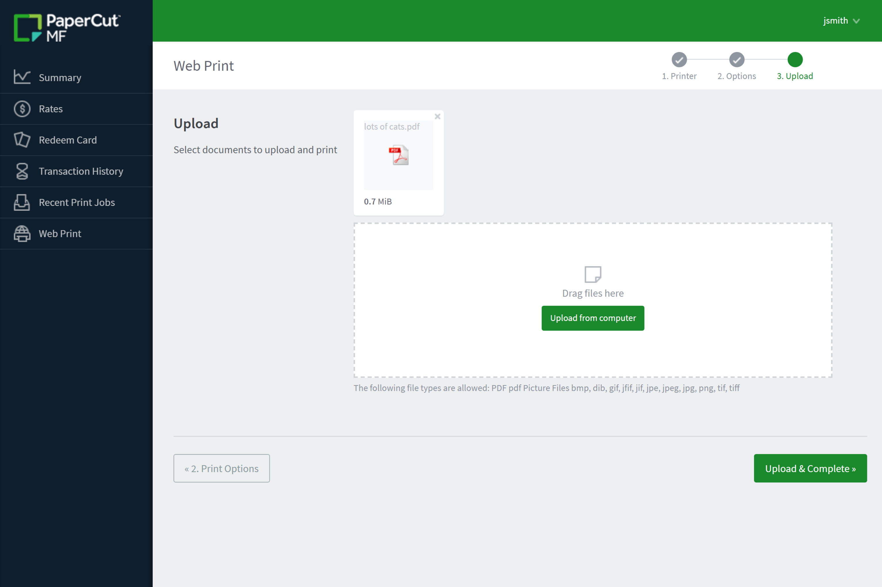 The Web Print interface in PaperCut MF showing the simple document upload process for BYOD users.