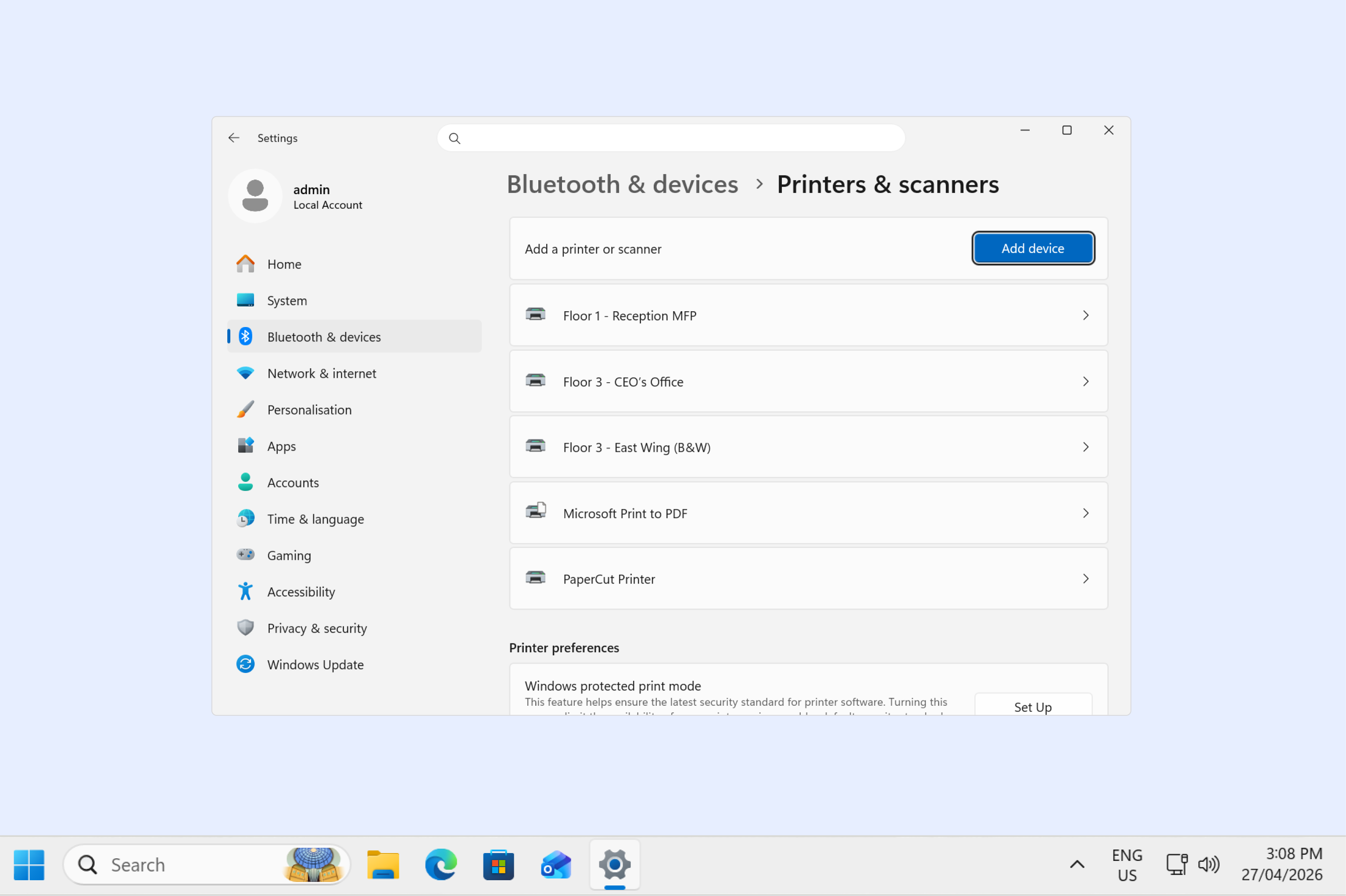A Windows user’s “Printers & Scanners” list on their desktop showing multiple tailored PaperCut Hive queues