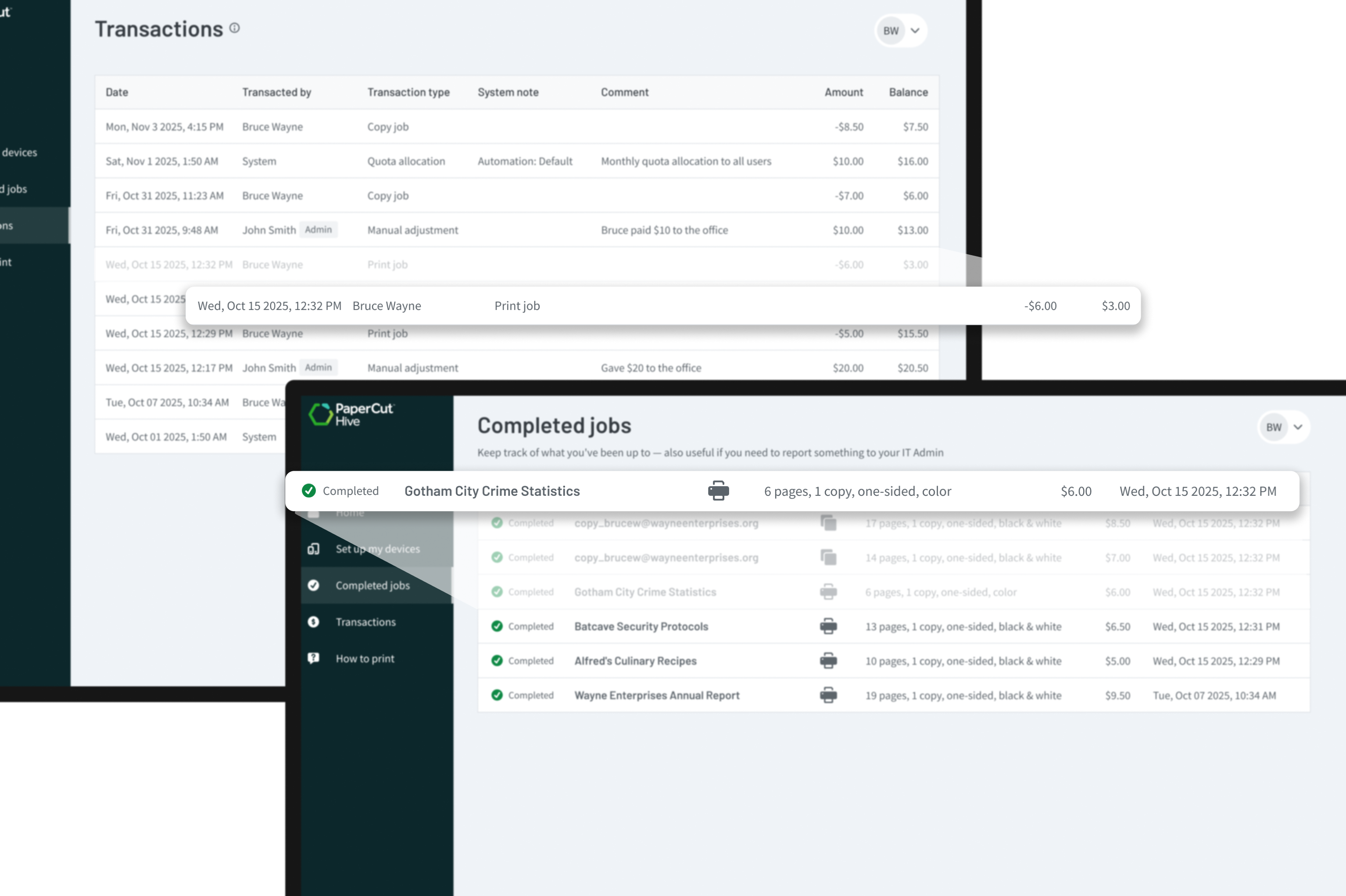 User print activity and transaction log view within the PaperCut Hive User Portal.