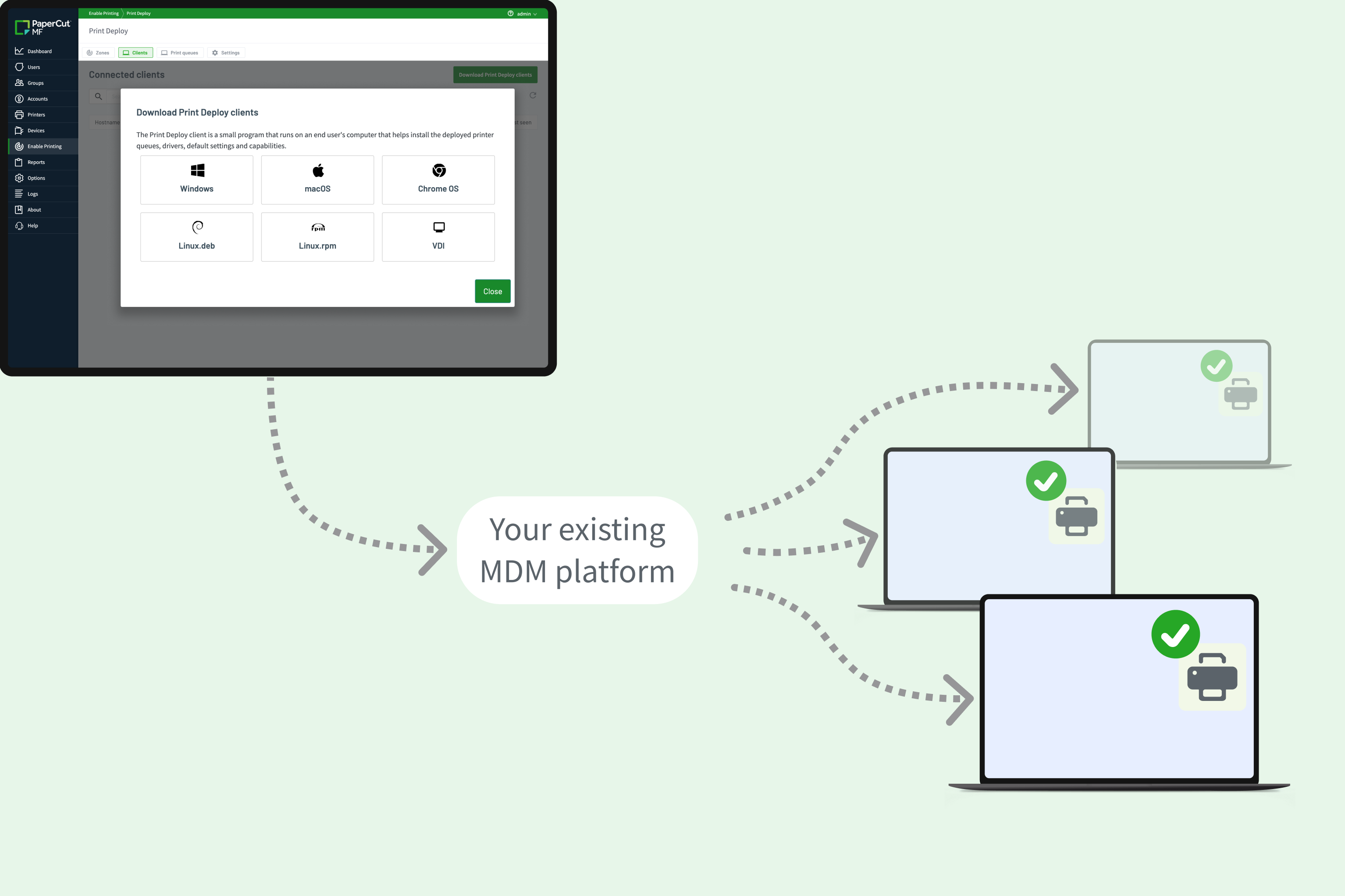 The Print Deploy client download options for Windows, macOS, ChromeOS, Linux and VDI, rolled out through your existing MDM platform to managed laptops with printers installed.