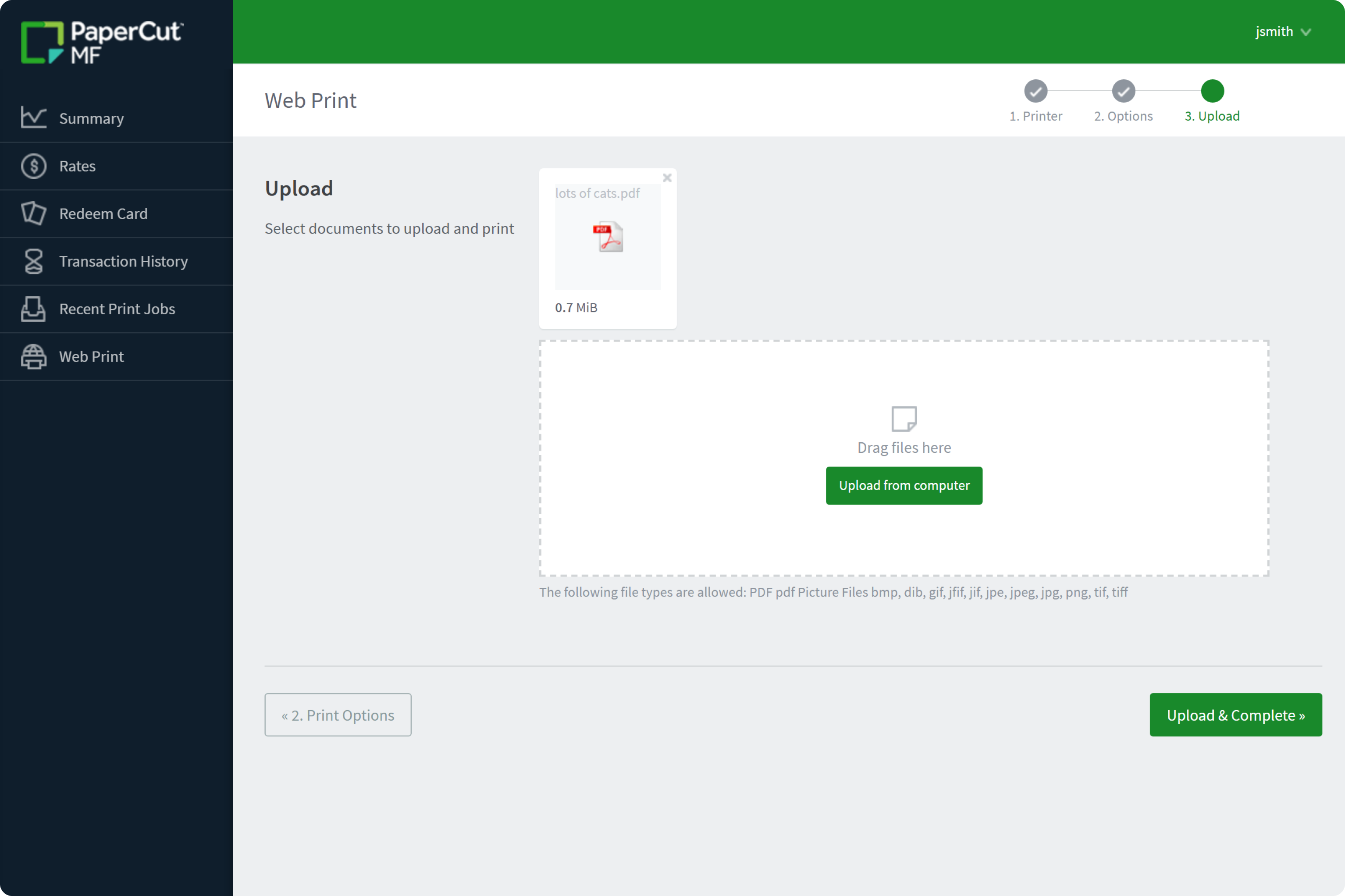 The PaperCut MF Web Print user interface showing the document upload process
