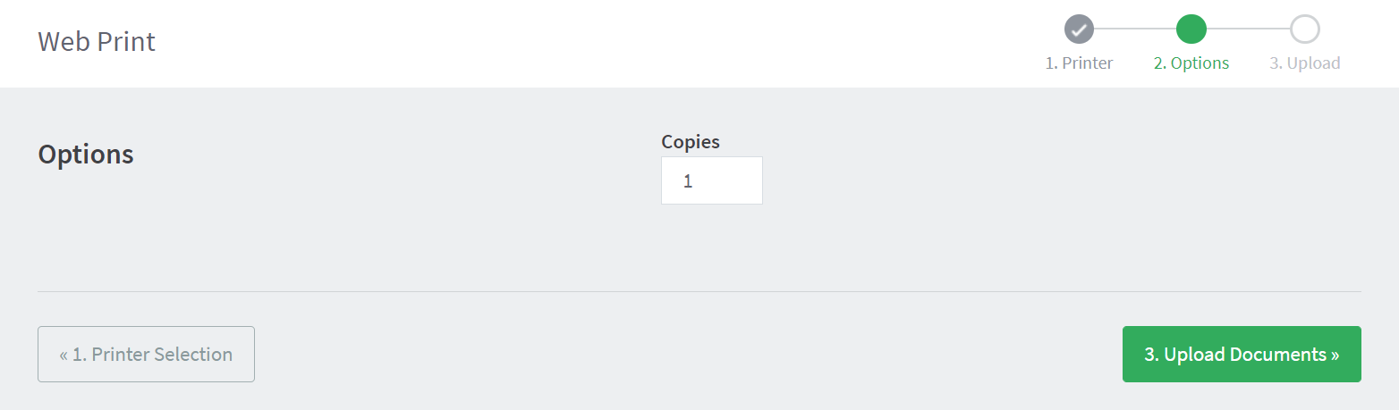 Web Print wizard step 2: selecting the number of copies for a Web Print job