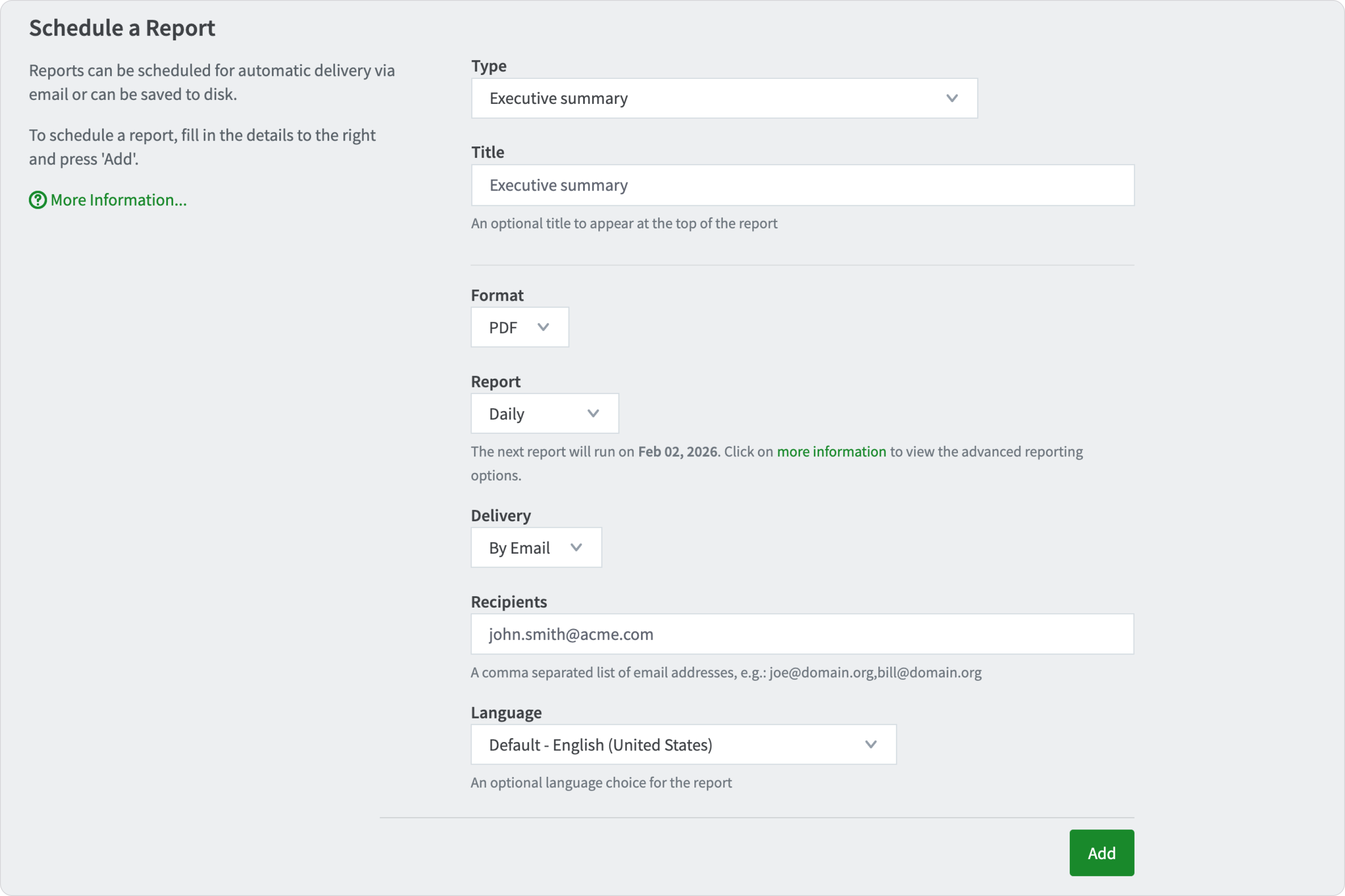 The user interface used to schedule a report to be delivered as a PDF via email.