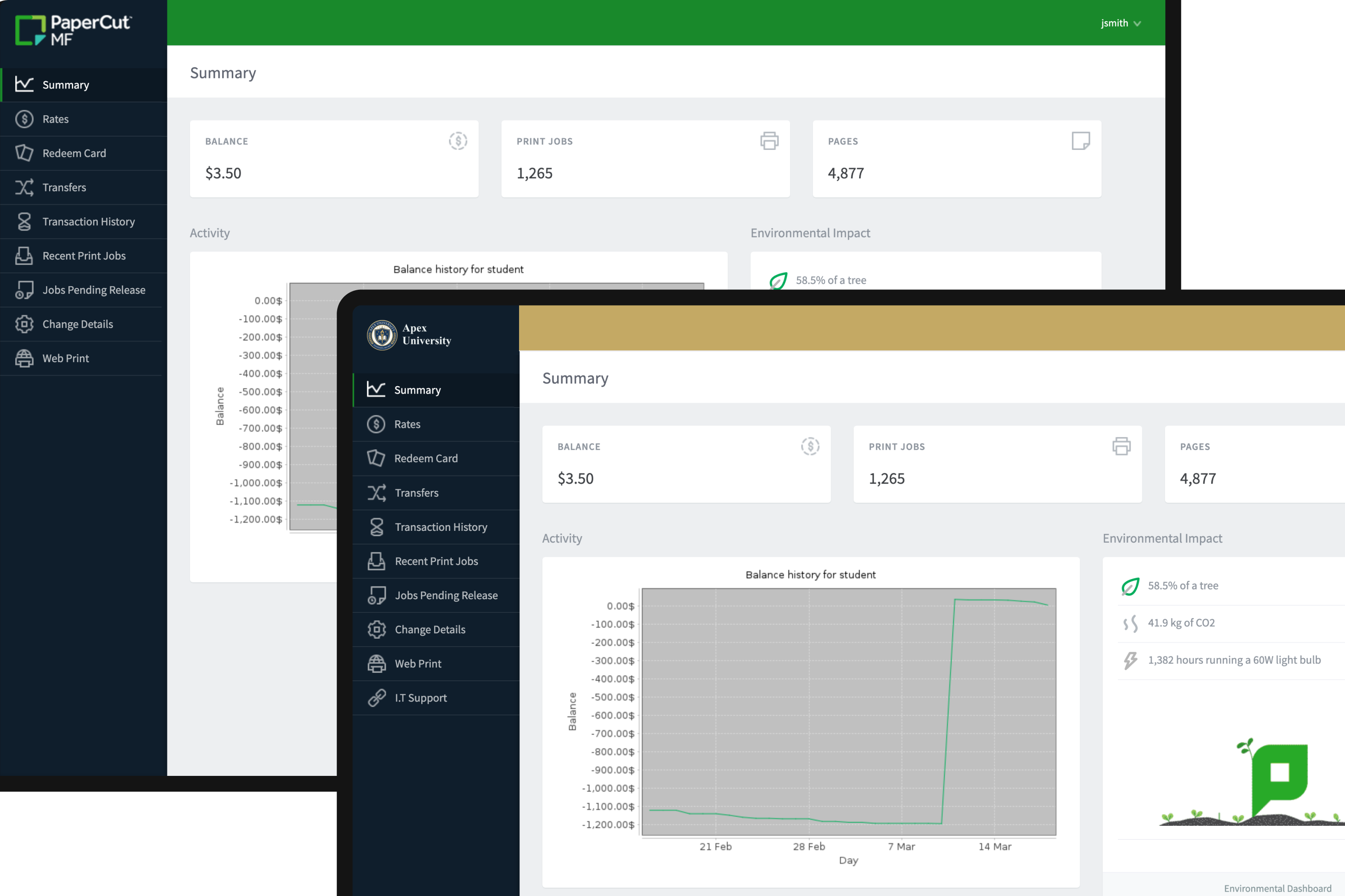 Comparison of the standard PaperCut MF user interface alongside a version customized with an organization's logo and brand colors.