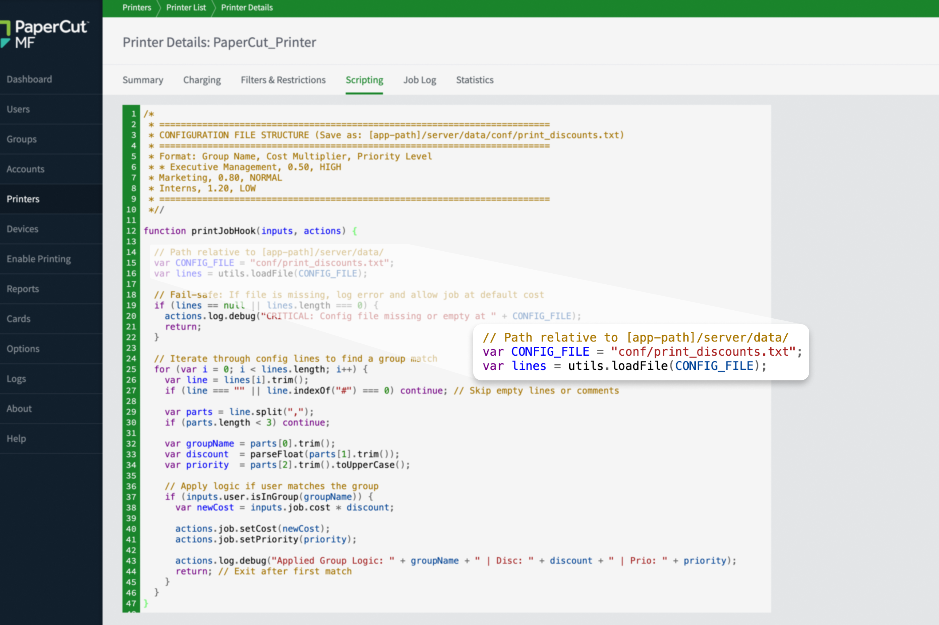 The PaperCut MF script editor interface showing advanced logic that references a CSV file for print job validation.