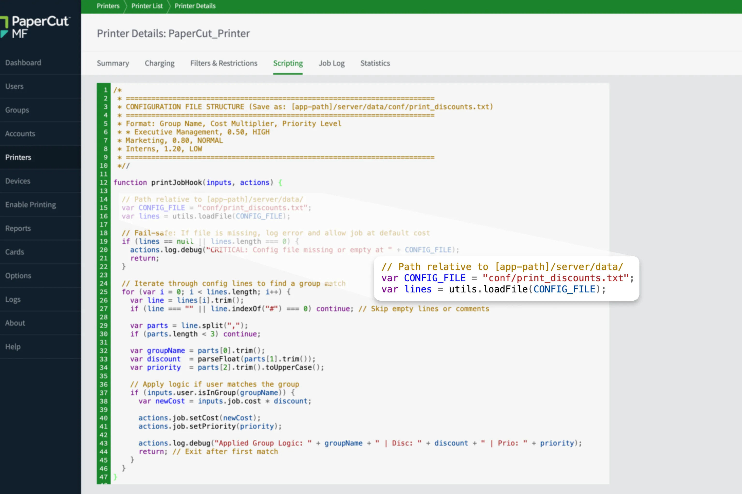 The PaperCut MF script editor interface showing advanced logic that references a CSV file for print job validation.