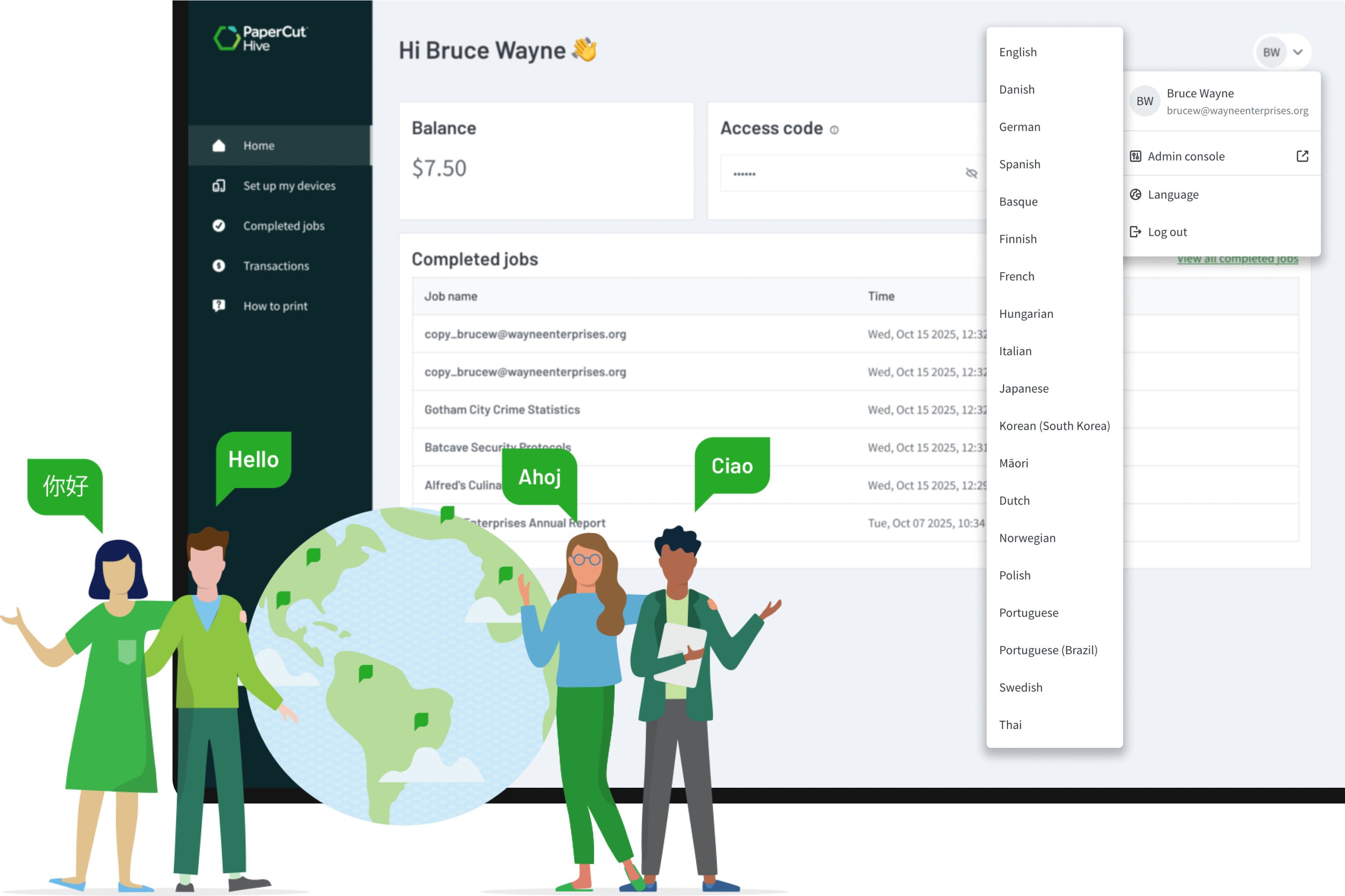 Language and localization settings within the PaperCut Hive User Portal.