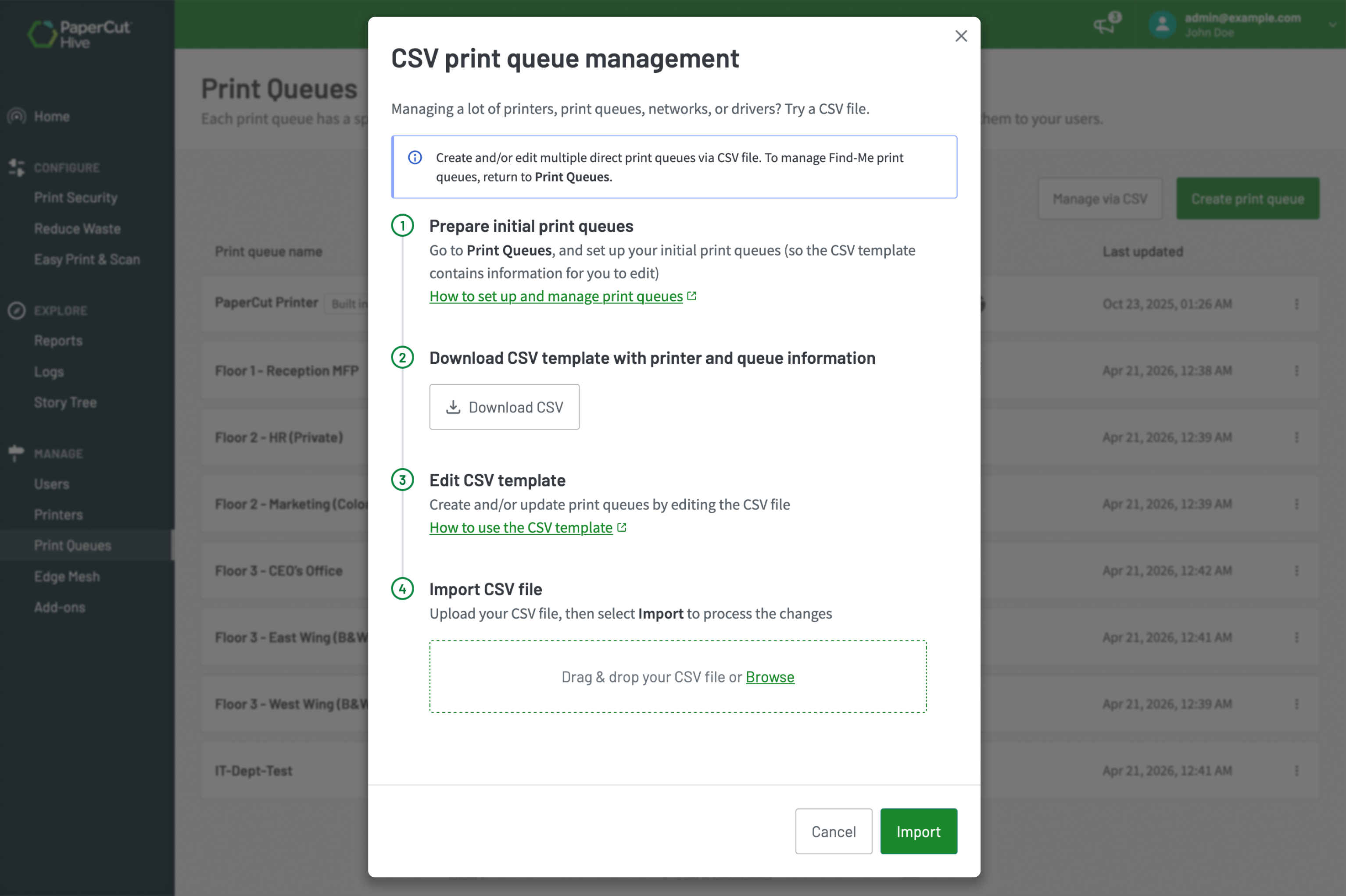 The print queue CSV upload modal