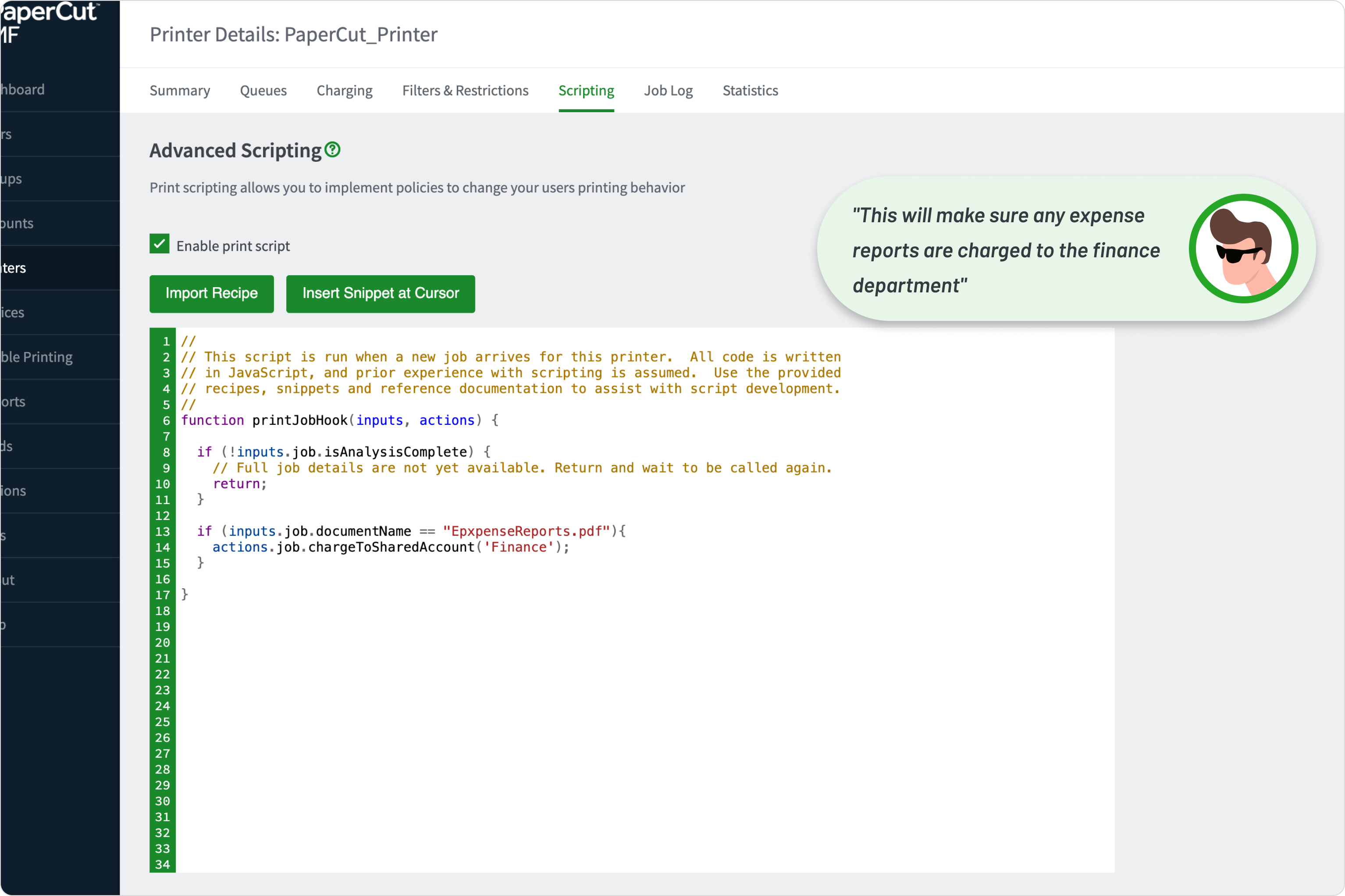 A sample print script being used to charge a print jobs to a shared account