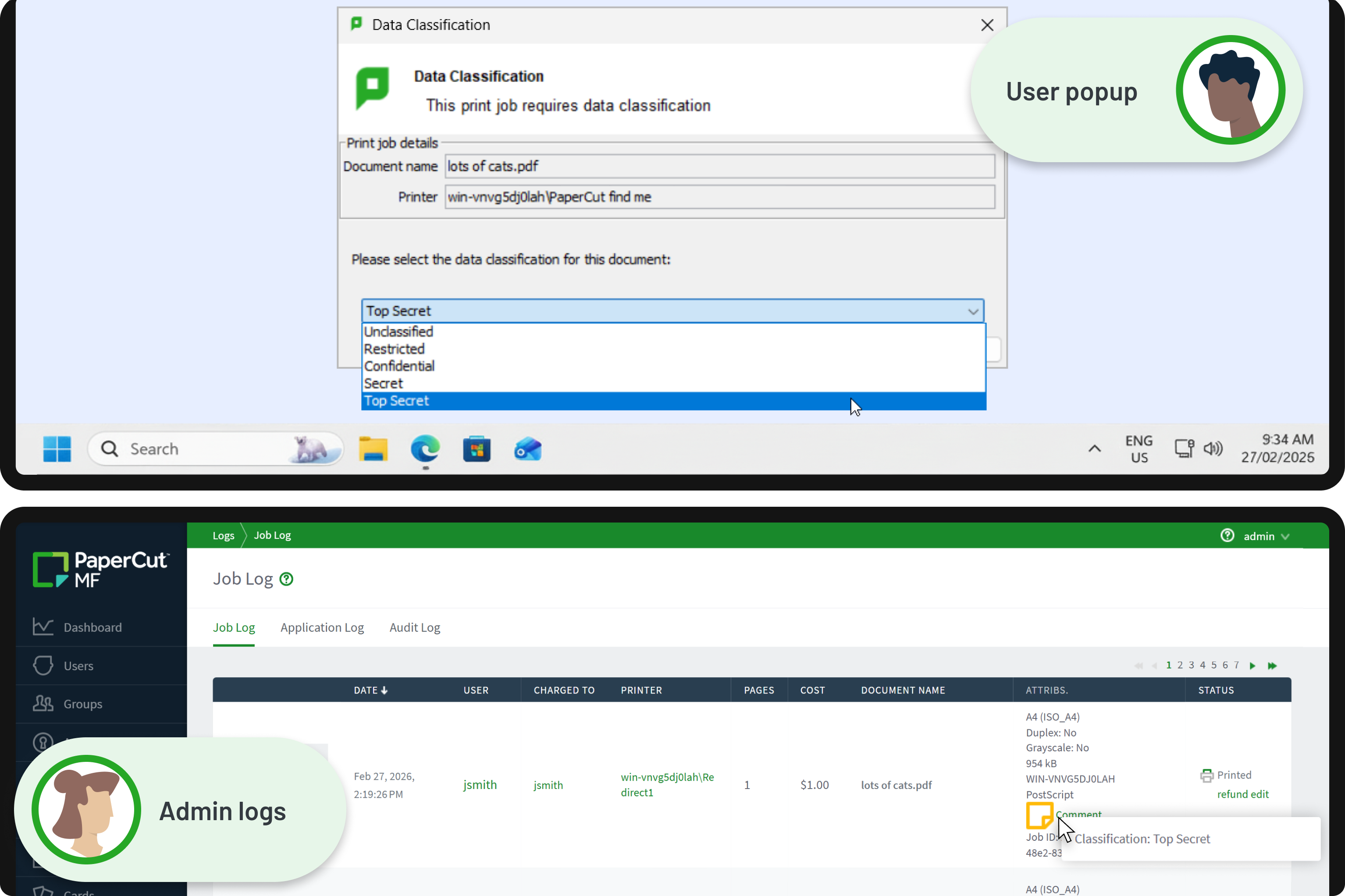 A custom PaperCut MF script window for document security classification.