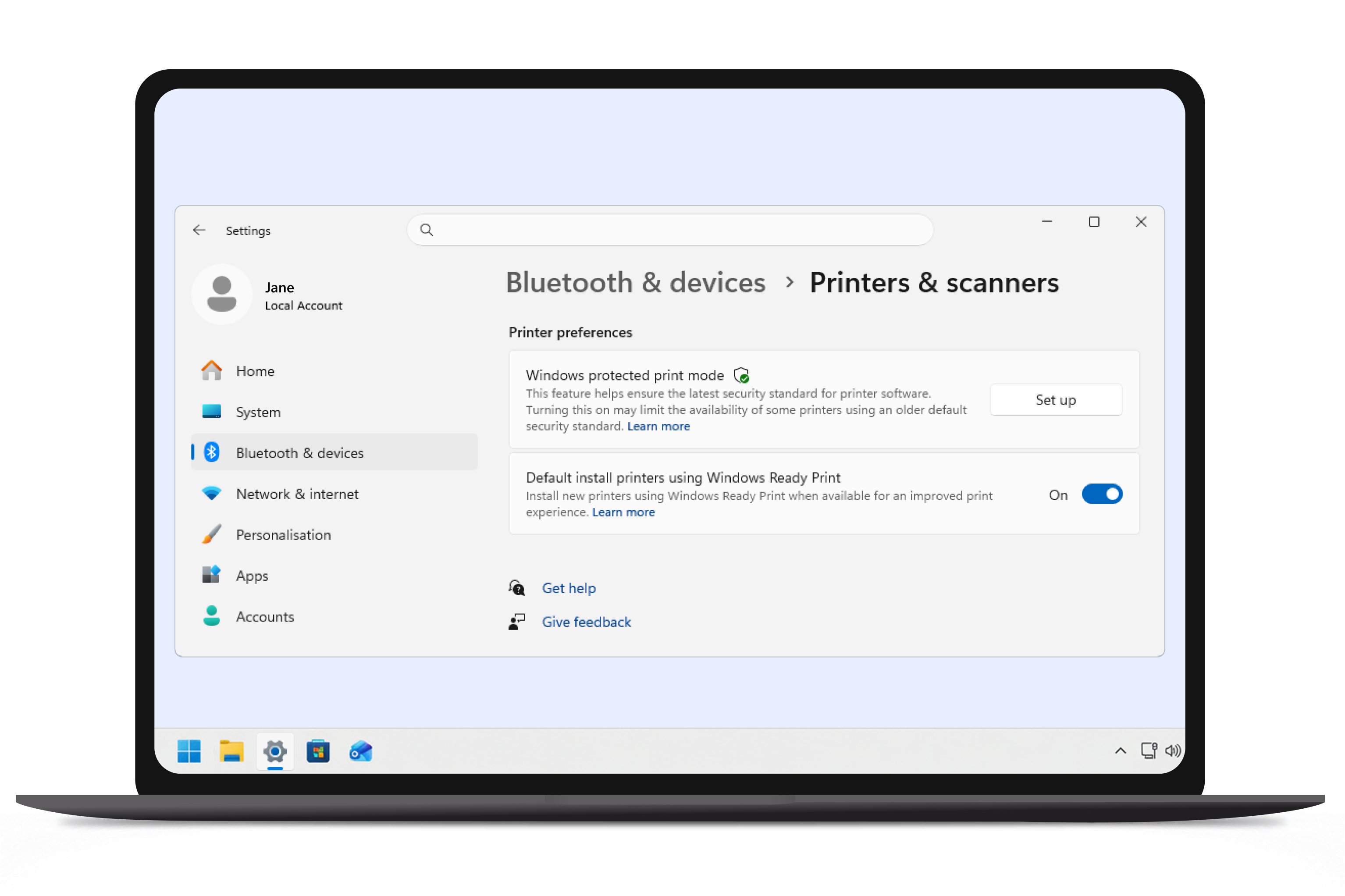 Windows 11 Printers & scanners settings showing Windows protected print mode and the option to install printers using Windows Ready Print by default.