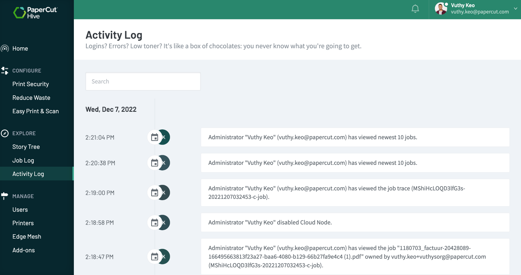 An example of the Activity Log page in PaperCut Hive.