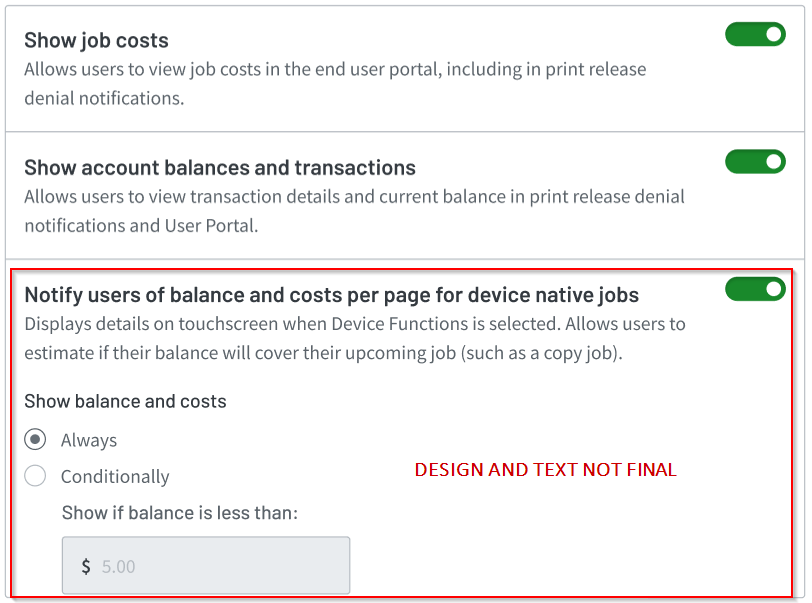 Balance Pop-up Settings