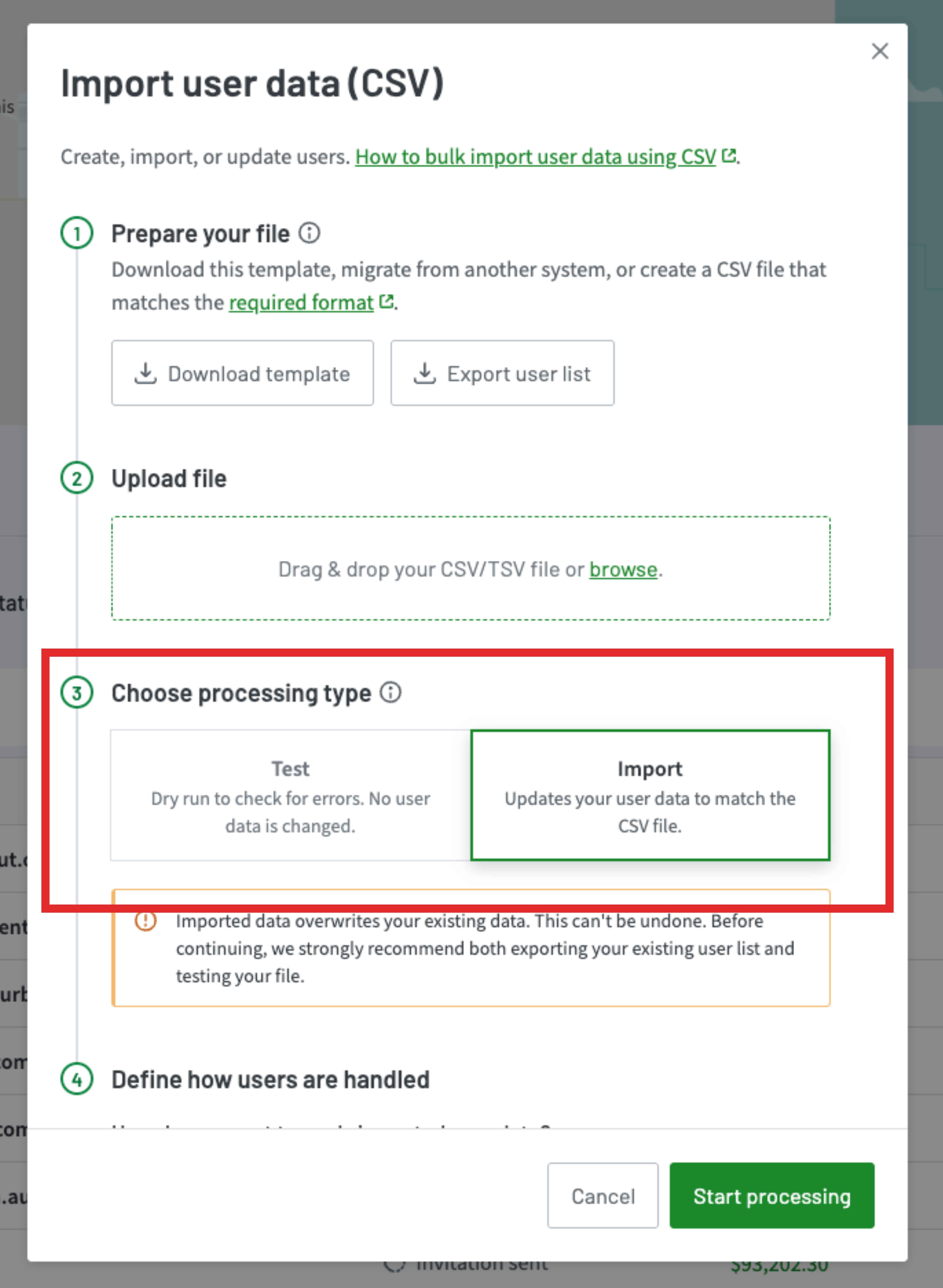 User data import tool processing types admin UI Admin console processing type selector with Import selected