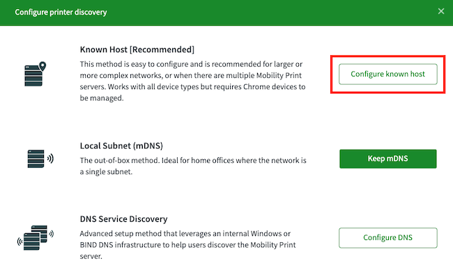 screenshot showing the mobility print admin page, with an option to configure known host
