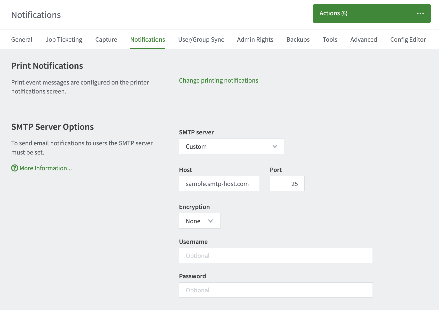 A screenshot of showing how to enter details for a custom SMTP server in PaperCut NG or MF.