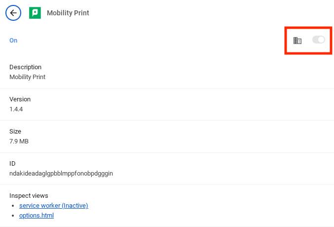 Mobility Print Chrome Extension settings for enabling developer mode