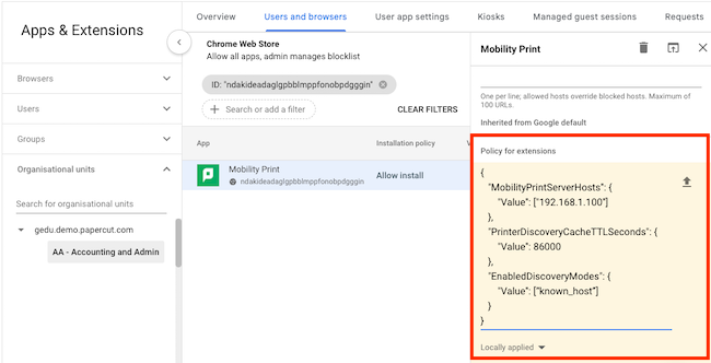 Screenshot of a sample Mobility Print Chrome extension JSON