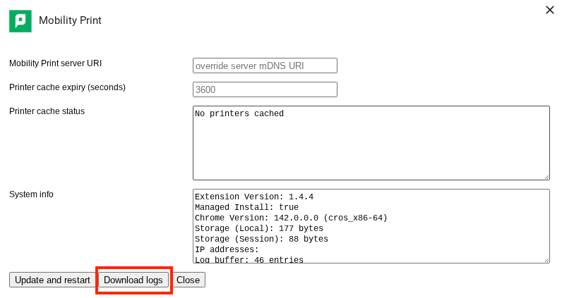 screenshot showing the options for the Mobility Print Chrome extension, highlighting the Download Logs button