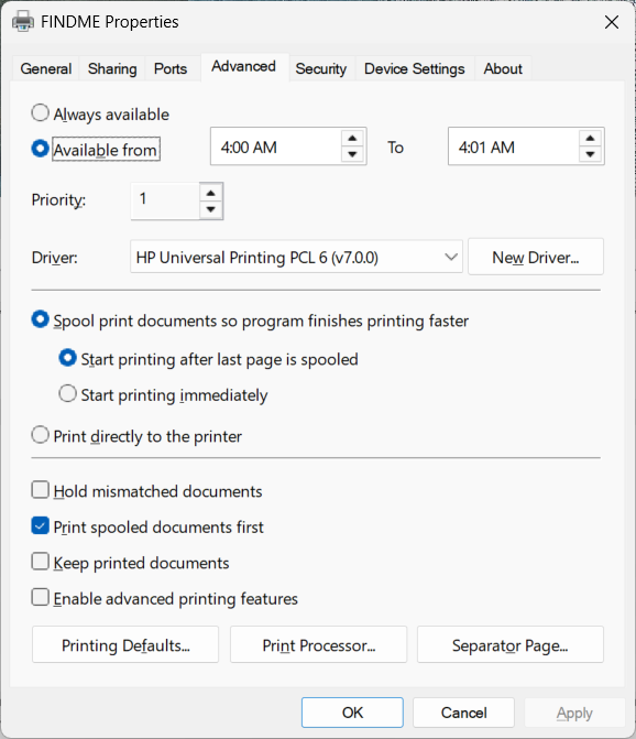 Screenshot of the Advanced tab of the Windows Printer Properties sheet highlighting the Printing Defaults button.