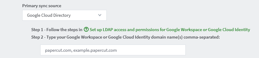 A screen shot of the Google Cloud Directory Domain name box in PaperCut NG/MF
