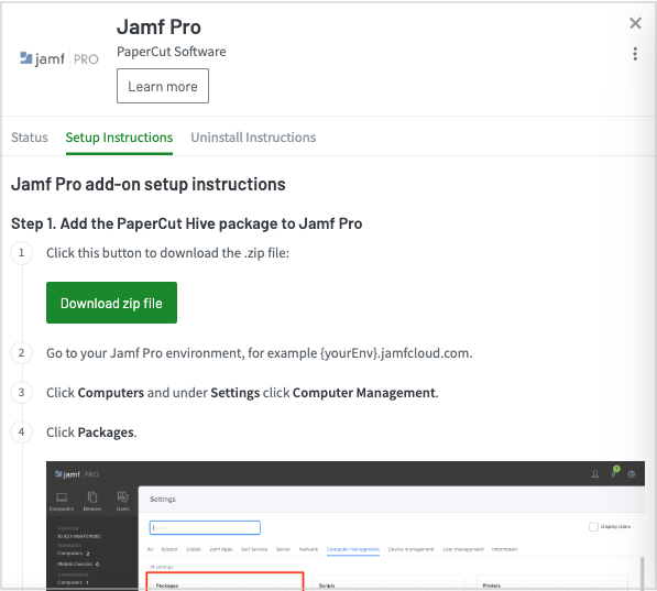 Jamf Pro Add-on page Screenshot of the Jamf Pro page showing the Setup Instructions tab and setup instructions, including the Download zip file button