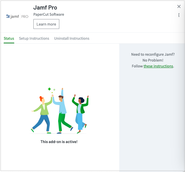 Jamf Pro active page Screenshot of the Jamf Pro active page showing 3 tabs: Status, Setup Instructions, and Uninstall Instructions. Also has a link for instructions to configure Jamf.