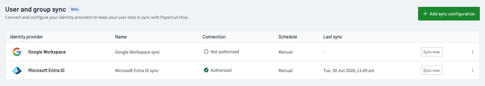 Multiple configurations in the PaperCut Hive and Pocket User and group sync feature