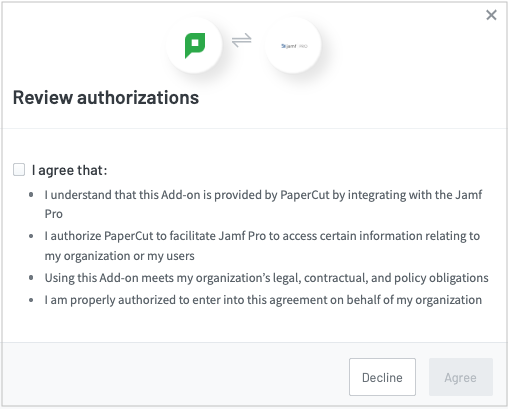 Review authorizations screen Screenshot of the Add-ons "Review authorizations" popup showing the list of points to read and an "I agree" checkbox