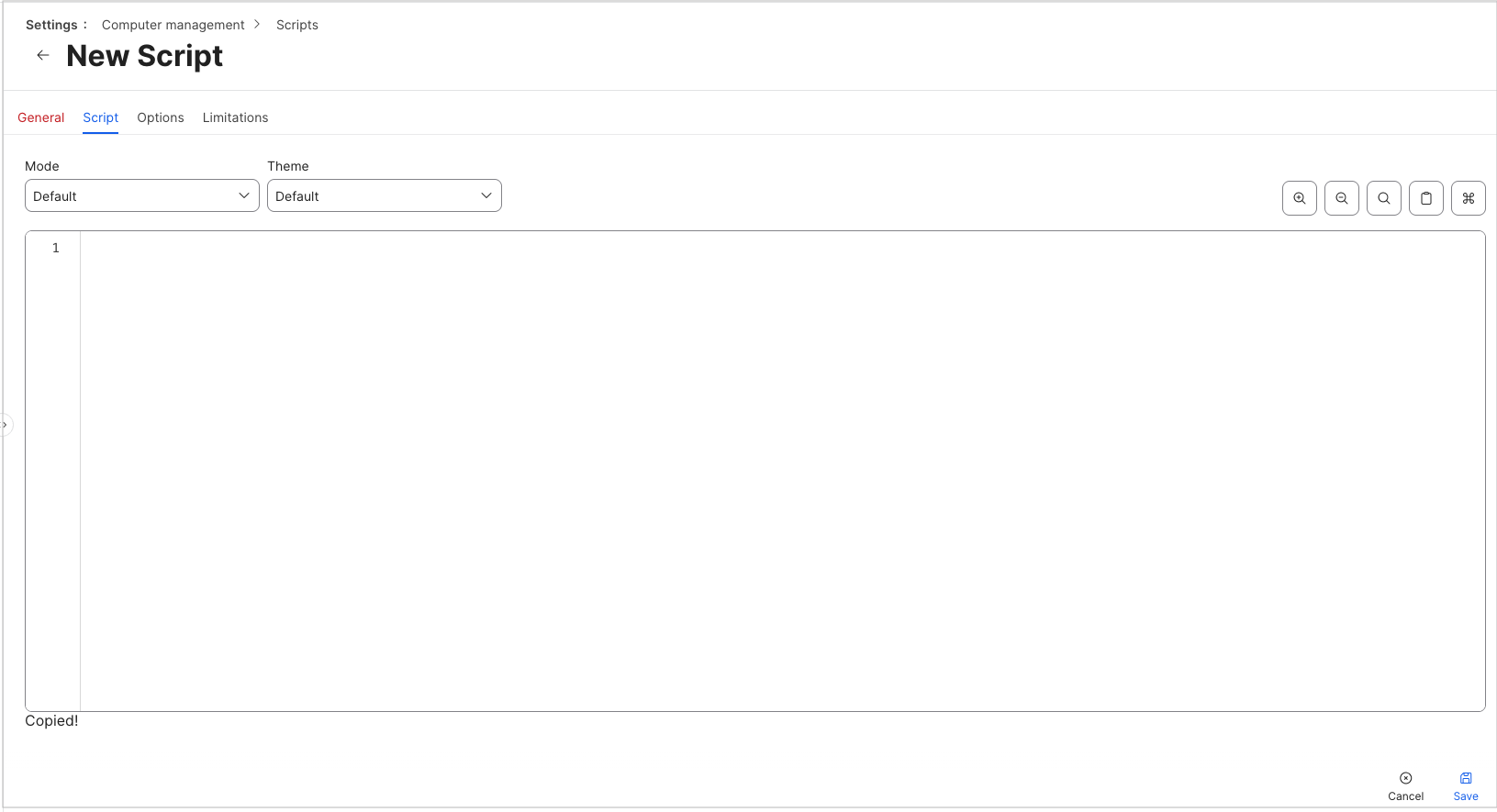 Jamf New Script page showing the Script tab and empty code box