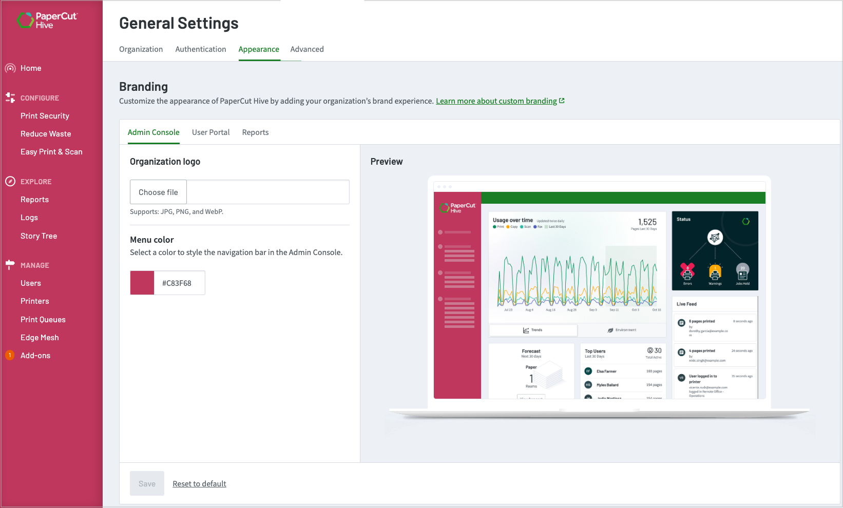 Screenshot of a company&rsquo;s PaperCut Hive admin console with a red background in the navigation area and a company name at the top