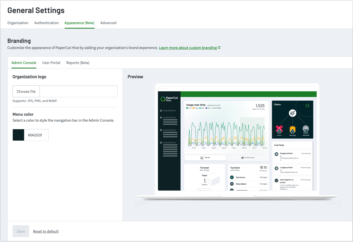 Screenshot of the PaperCut Hive admin console Branding page showing the Admin dashboard tab selected. There's an area to upload the logo, background color choices and a preview image.