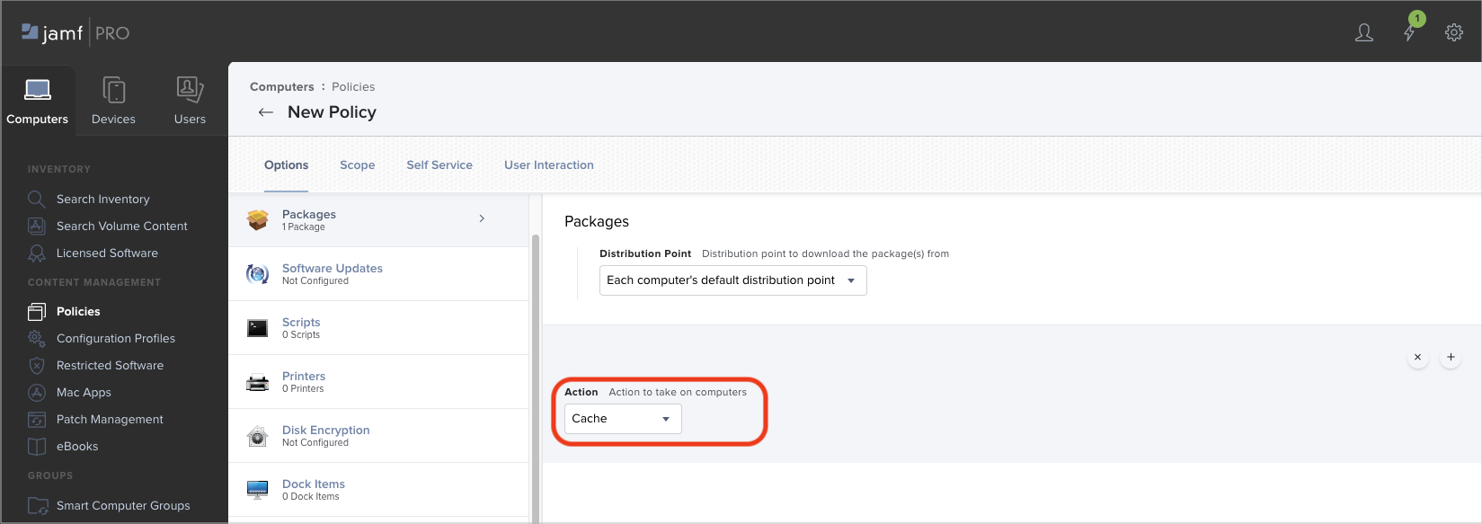 Screenshot of the jamf PRO New Policy page with the Cache action selected