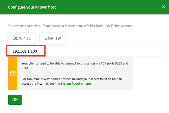 screenshot of the mobility print known host configuration screen