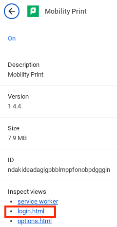 Mobility Print Chrome Extension settings after the login window pops up asking for user authentication