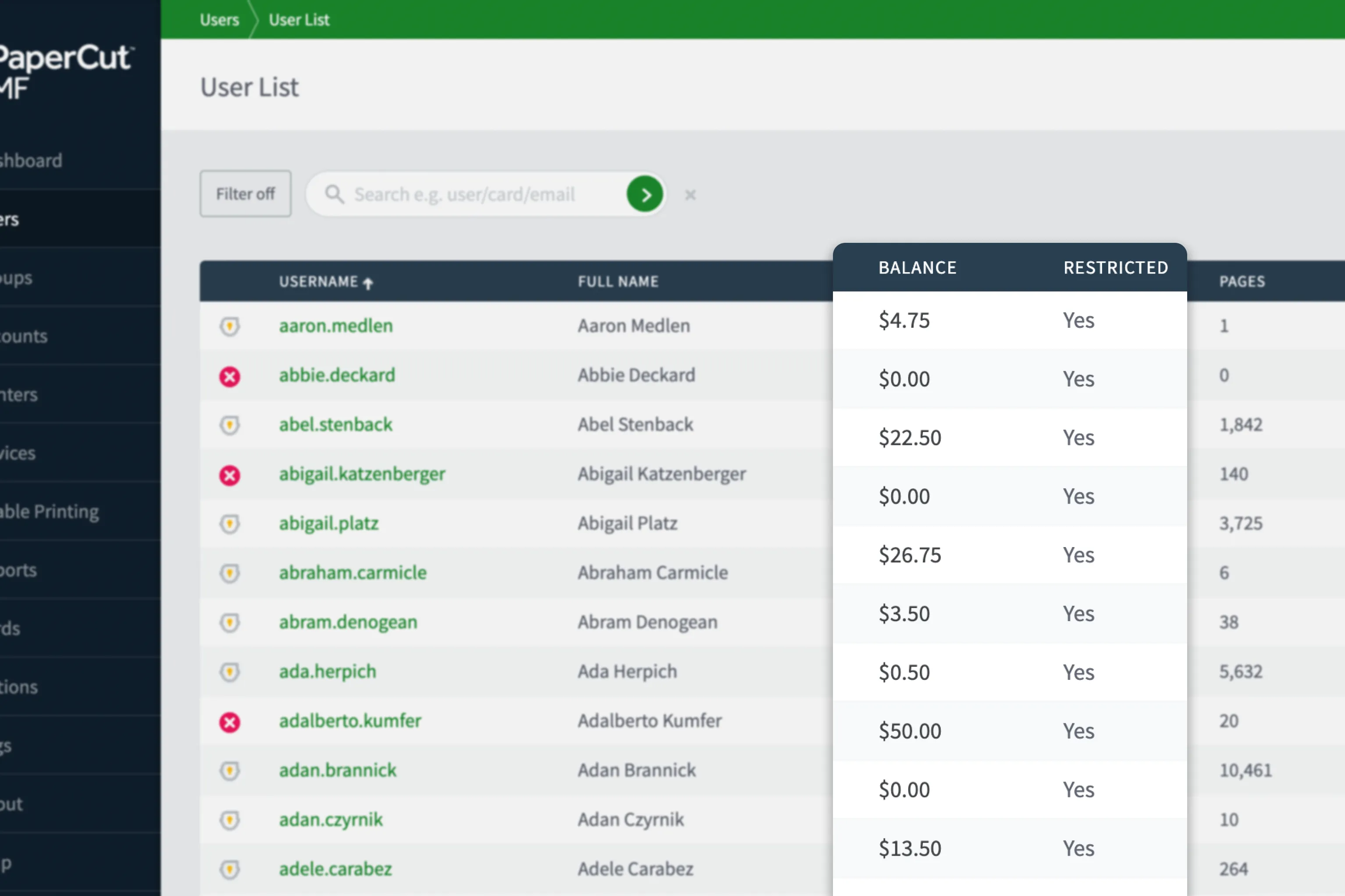 The PaperCut MF user table with the user balance and restricted column highlighted