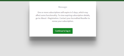 Screenshot of the popup message that displays after logging in that explains about a subscription about to expire